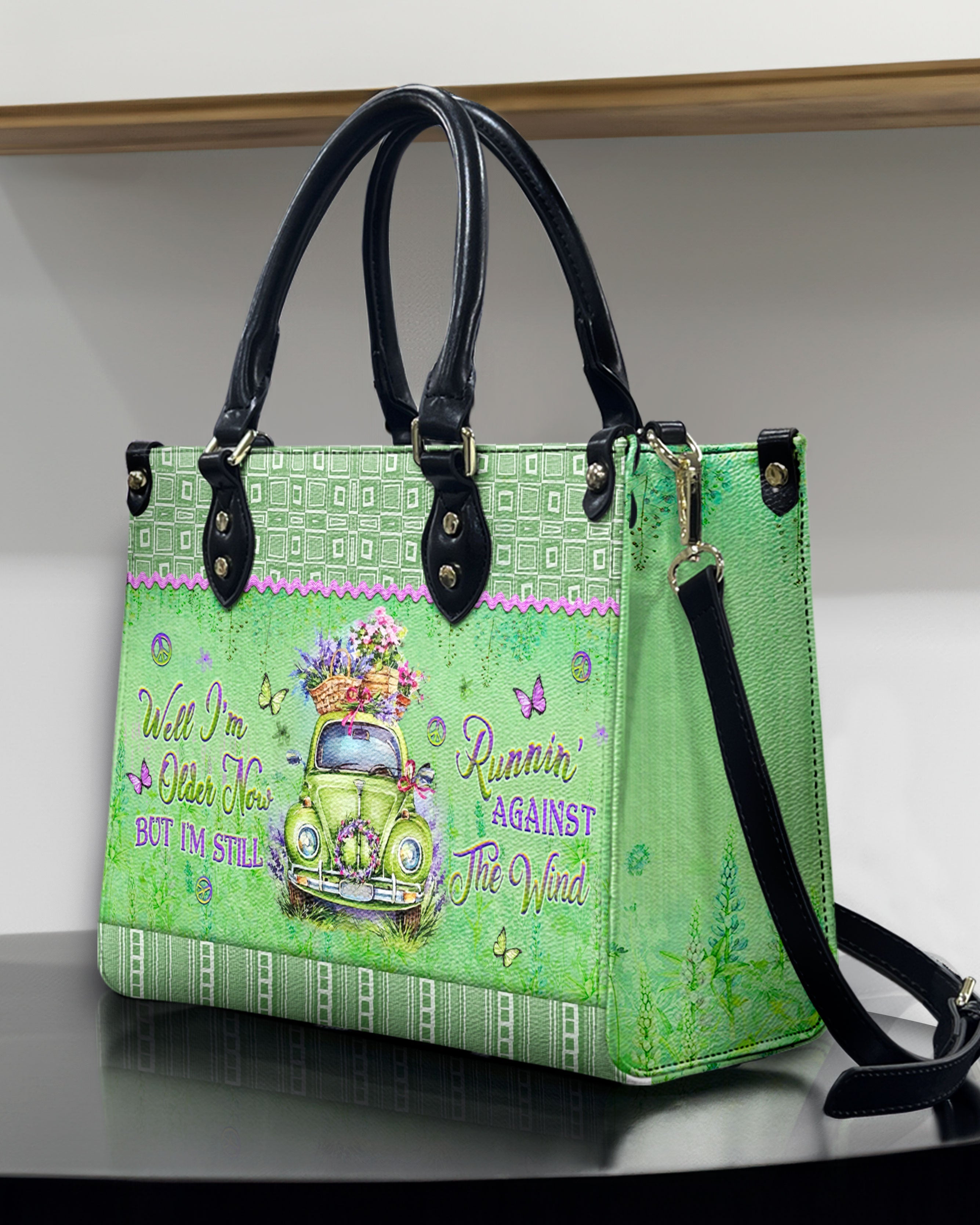 Older Now but Still Running Against the Wind Green Retro Car _26 Flowers Leather Bag _2_ WUCM4