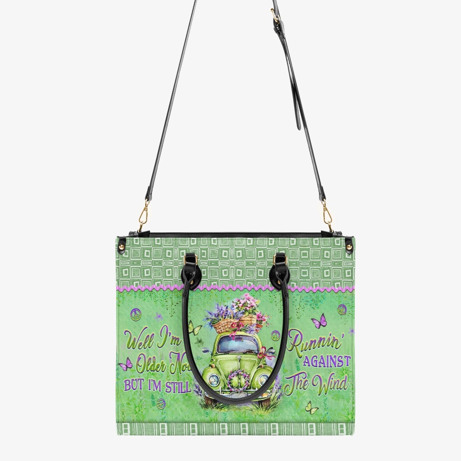 Older Now but Still Running Against the Wind Green Retro Car _26 Flowers Leather Bag _4_ 7YQTu