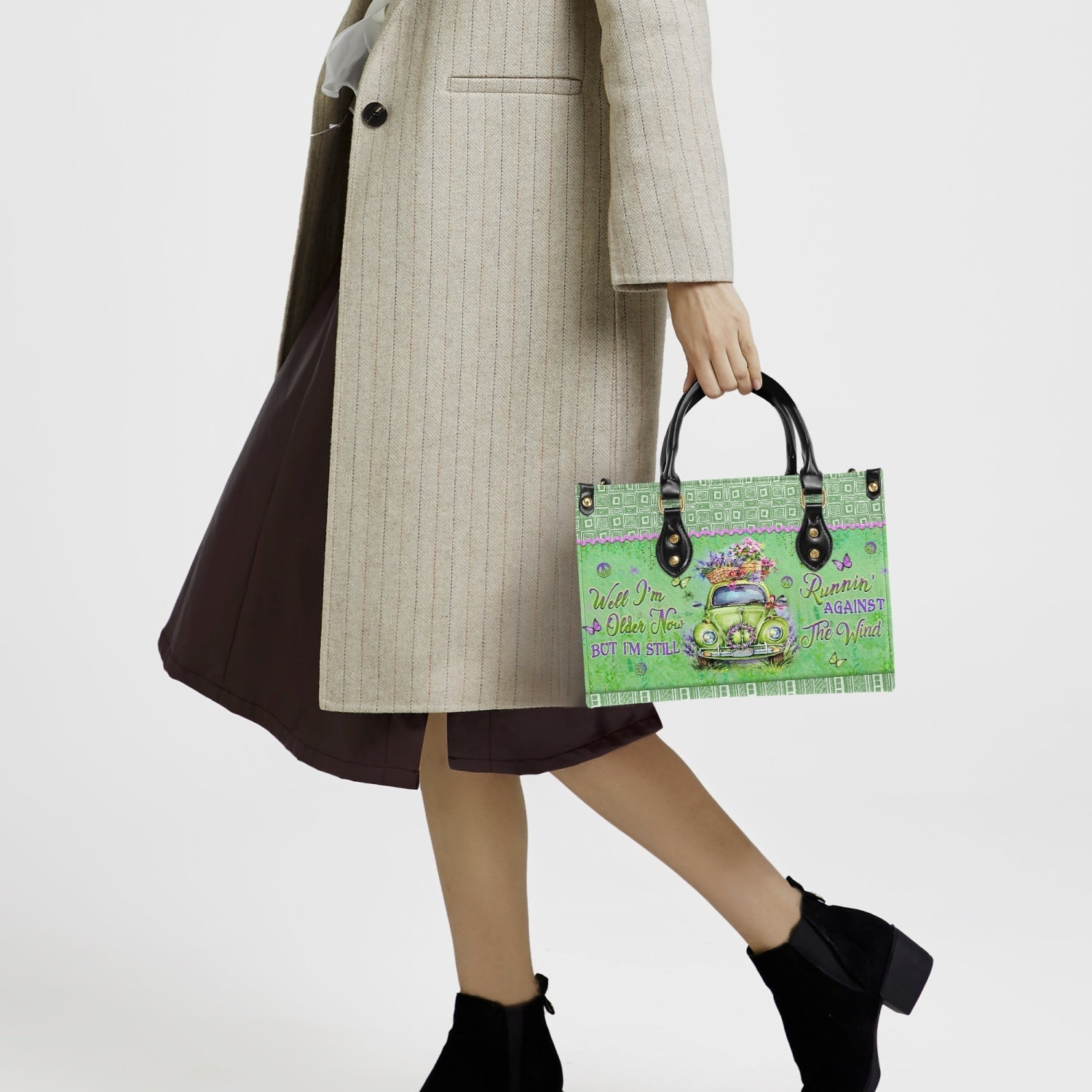 Older Now but Still Running Against the Wind Green Retro Car _26 Flowers Leather Bag _6_ poHNi