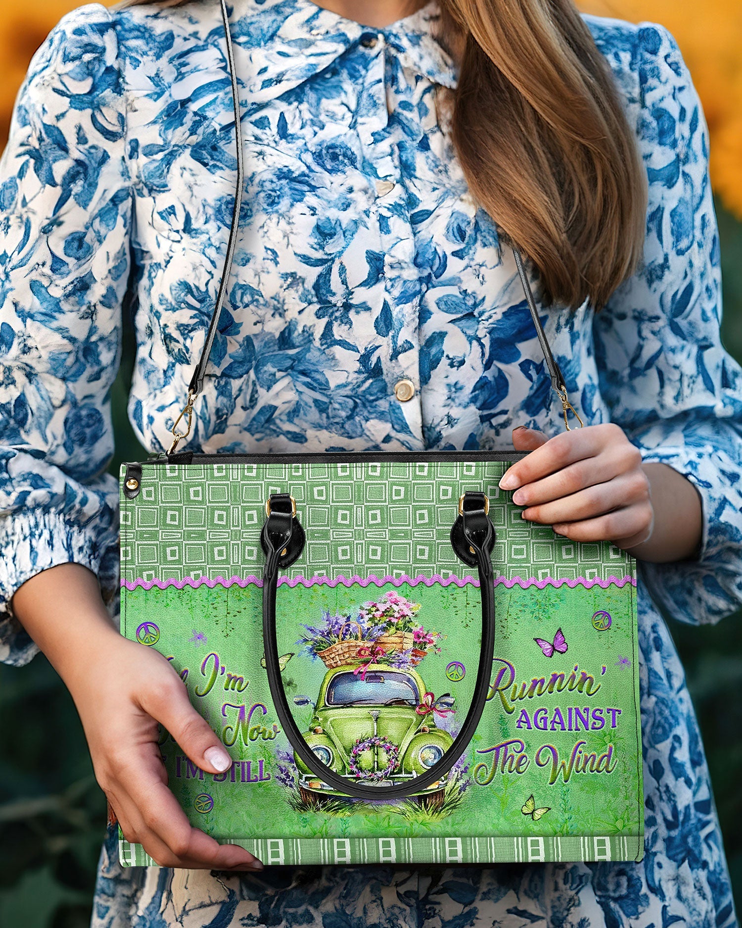 Older Now but Still Running Against the Wind Green Retro Car _26 Flowers Leather Bag _9_ w0Jlm