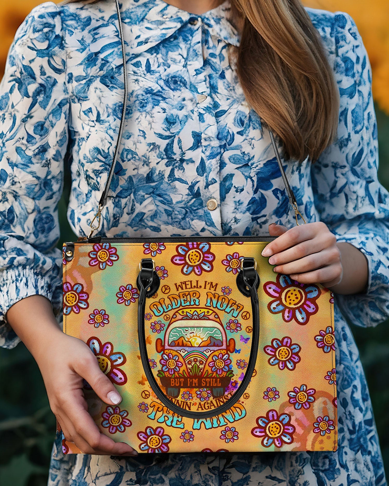 Older Now but Still Running Against the Wind Retro Van and Flower Hippie Leather Bag _11_ d24YC