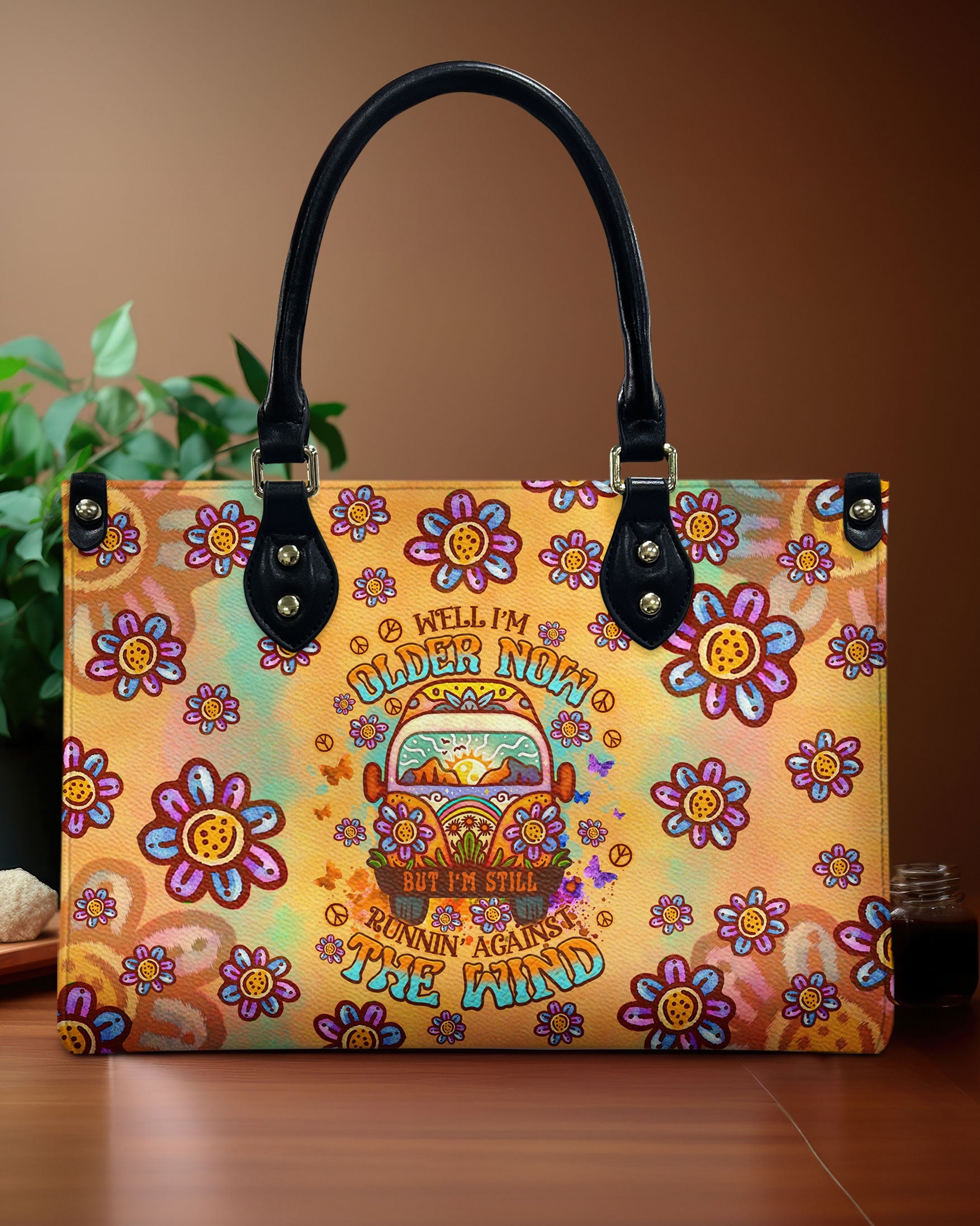 Older Now but Still Running Against the Wind Retro Van and Flower Hippie Leather Bag _1_ TvLfj