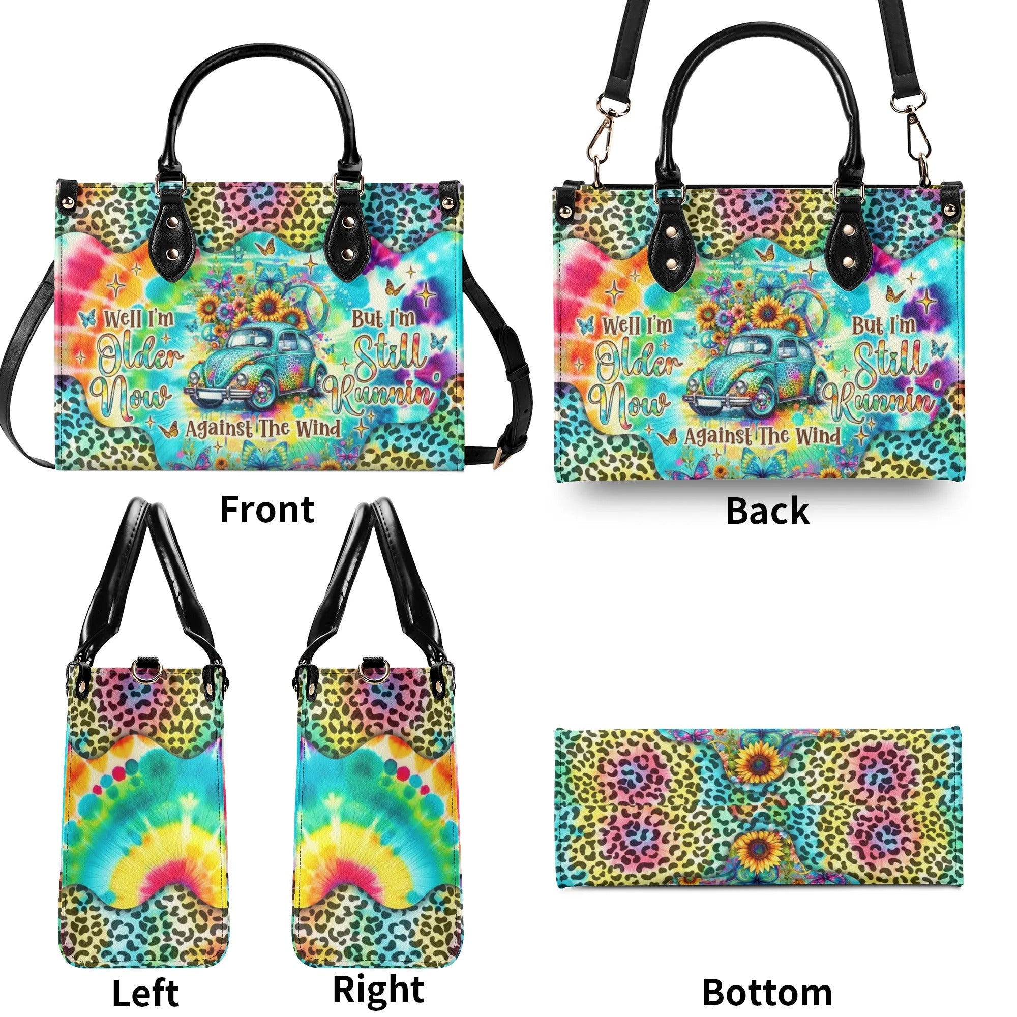 Older Now but Still Running Against the Wind Tie Dye VW Bug Leopard Sunflower Leather Bag _11_ HgoDG