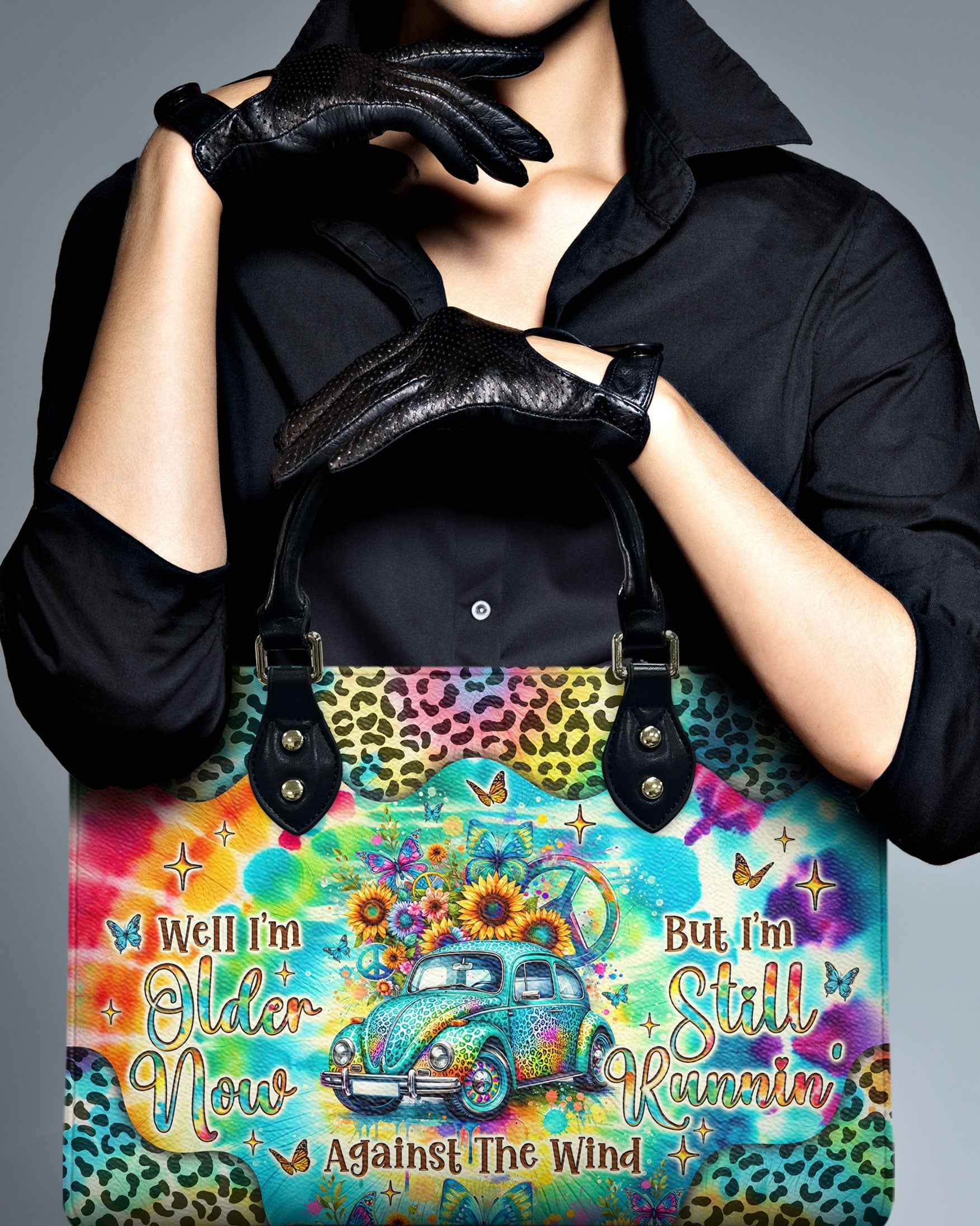 Older Now but Still Running Against the Wind Tie Dye VW Bug Leopard Sunflower Leather Bag _12_ WoVyI