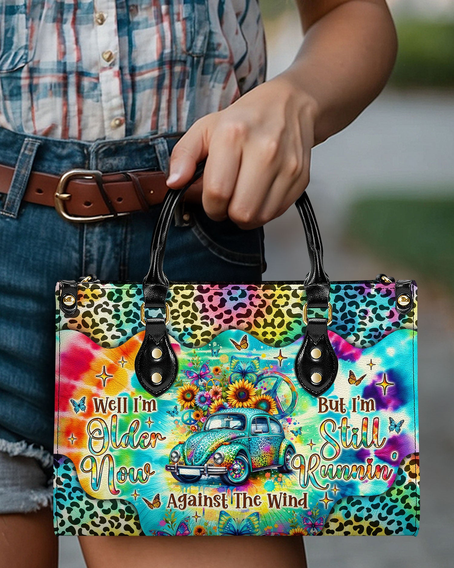 Older Now but Still Running Against the Wind Tie Dye VW Bug Leopard Sunflower Leather Bag _13_ 5BuGY