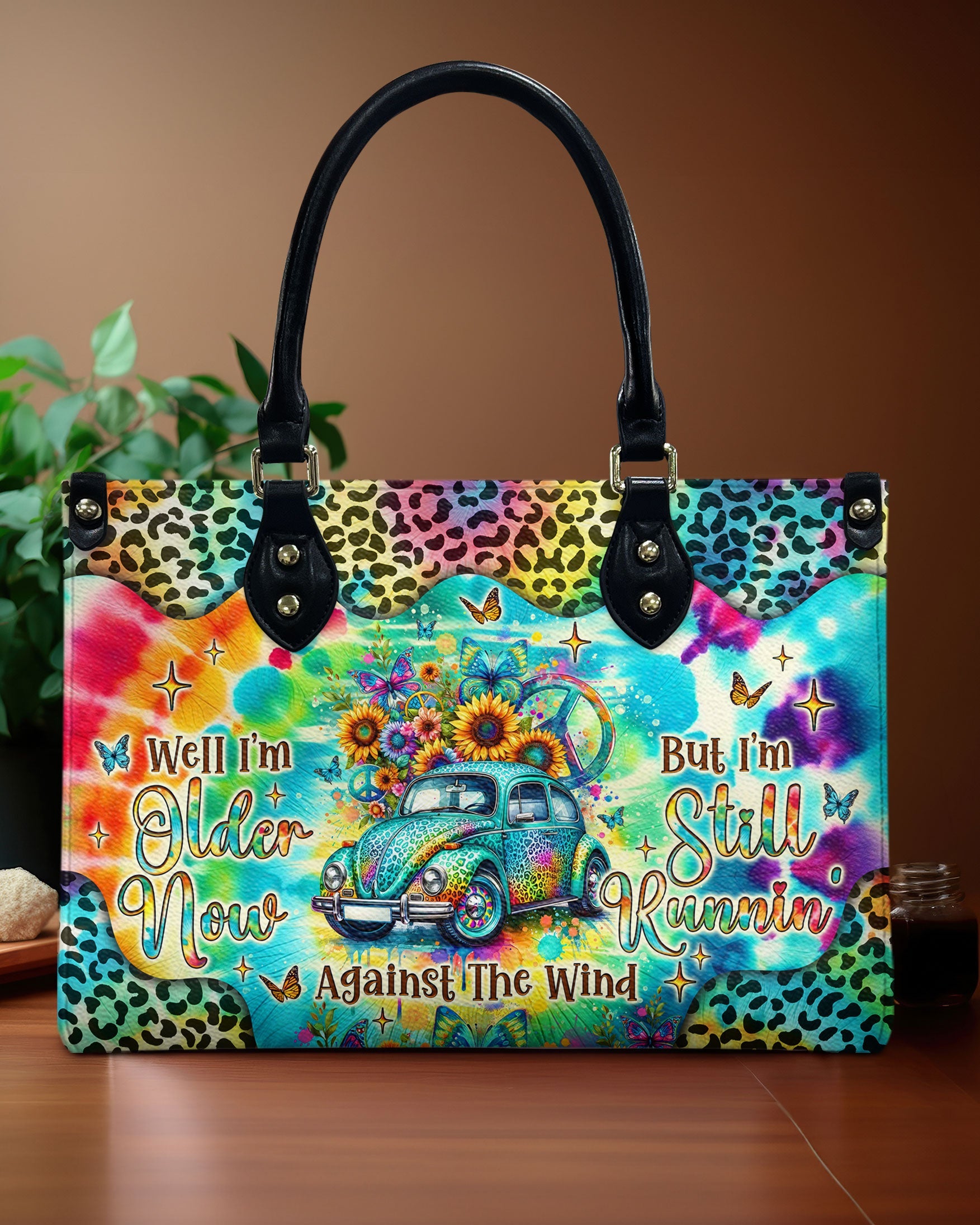Older Now but Still Running Against the Wind Tie Dye VW Bug Leopard Sunflower Leather Bag _1_ v9t1R
