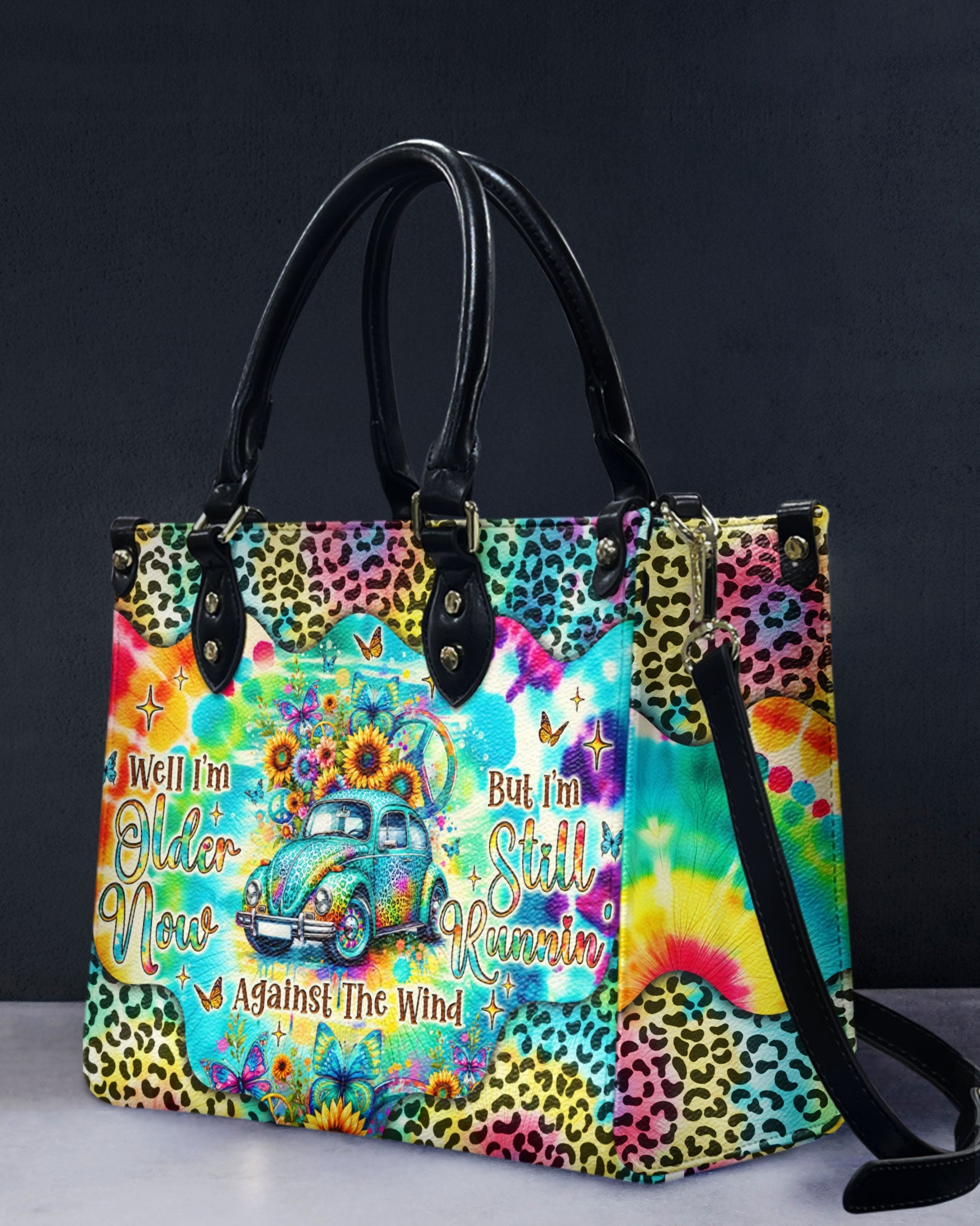 Older Now but Still Running Against the Wind Tie Dye VW Bug Leopard Sunflower Leather Bag _2_ oov5x