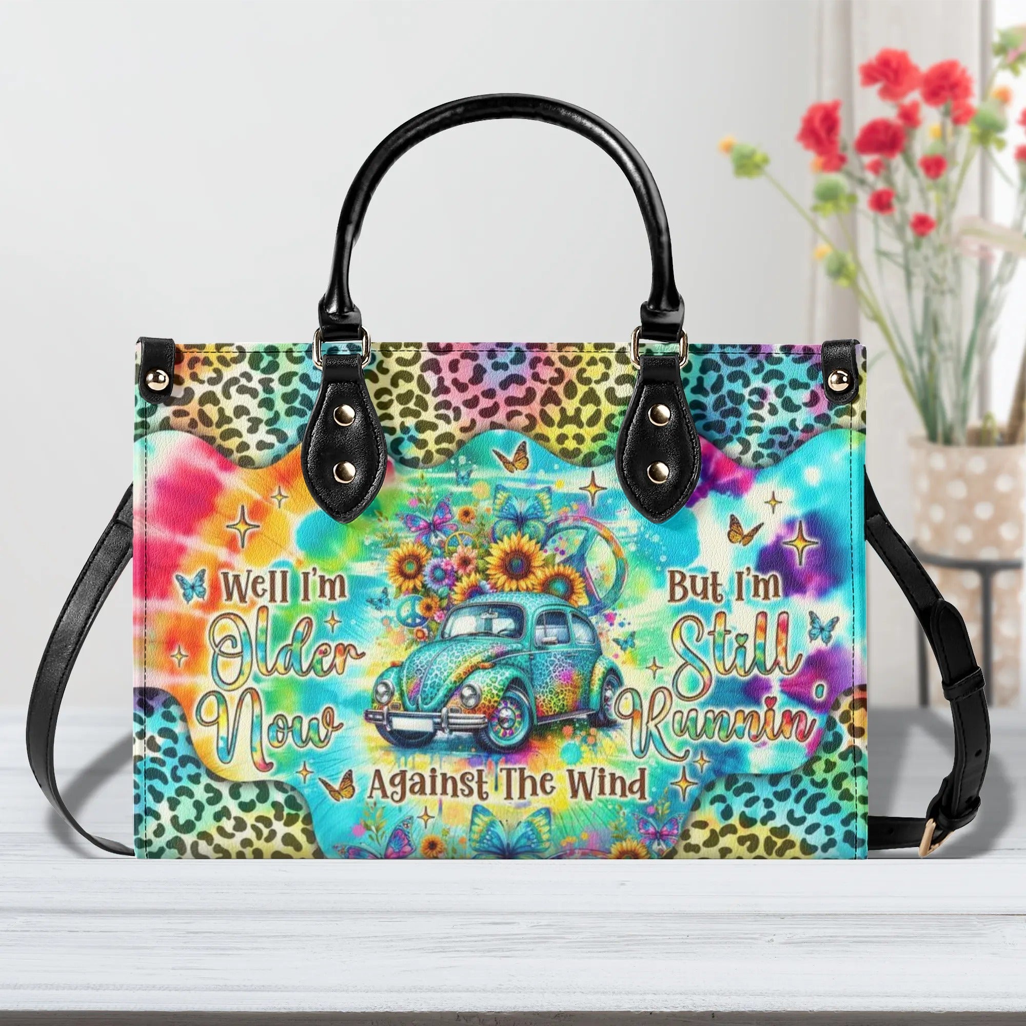 Older Now but Still Running Against the Wind Tie Dye VW Bug Leopard Sunflower Leather Bag _3_ 1VTrW