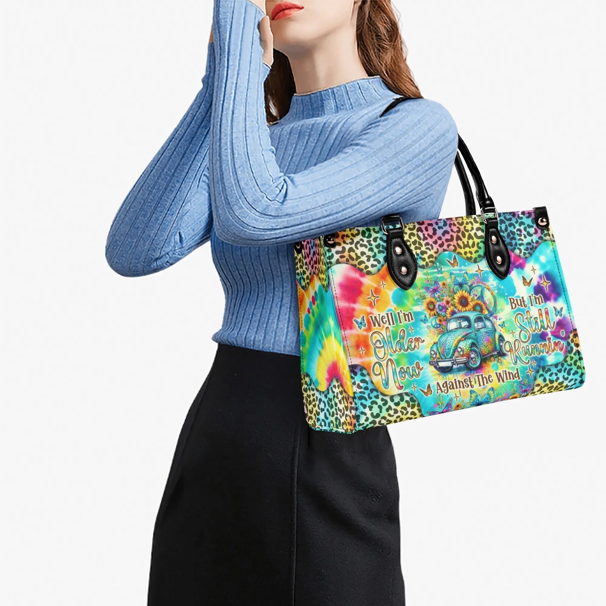 Older Now but Still Running Against the Wind Tie Dye VW Bug Leopard Sunflower Leather Bag _4_ posSH