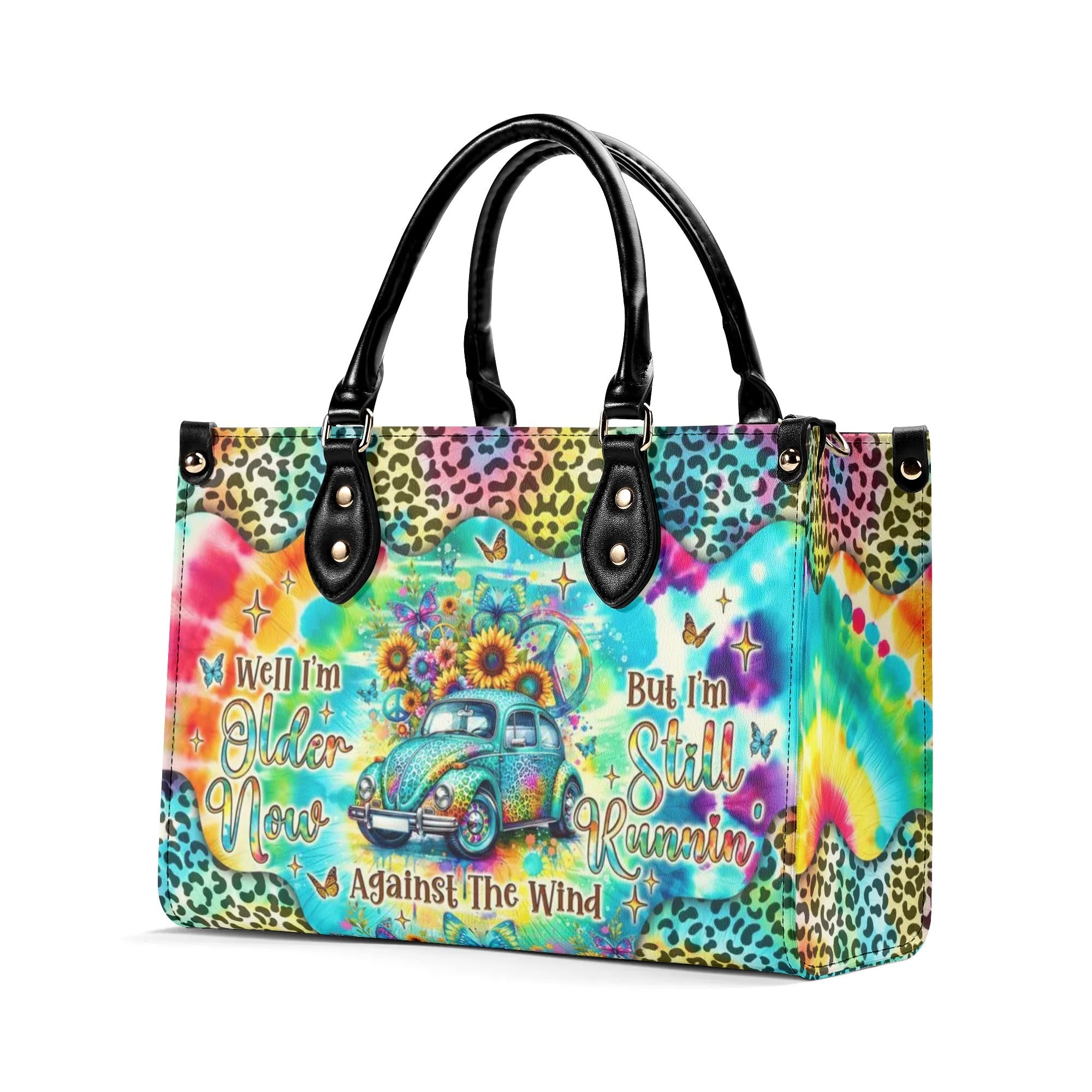 Older Now but Still Running Against the Wind Tie Dye VW Bug Leopard Sunflower Leather Bag _7_ TWlWy