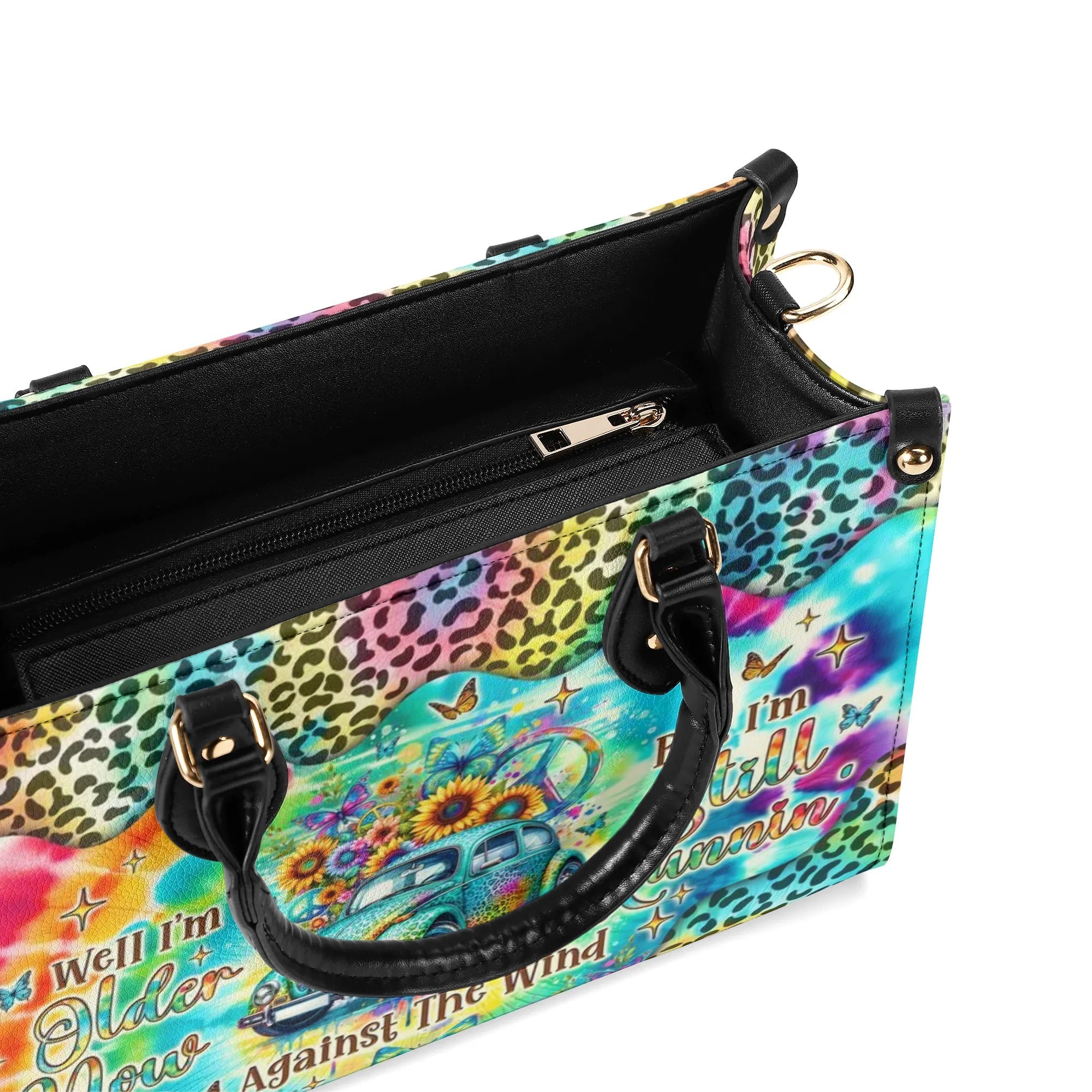 Older Now but Still Running Against the Wind Tie Dye VW Bug Leopard Sunflower Leather Bag _9_ nG4R5