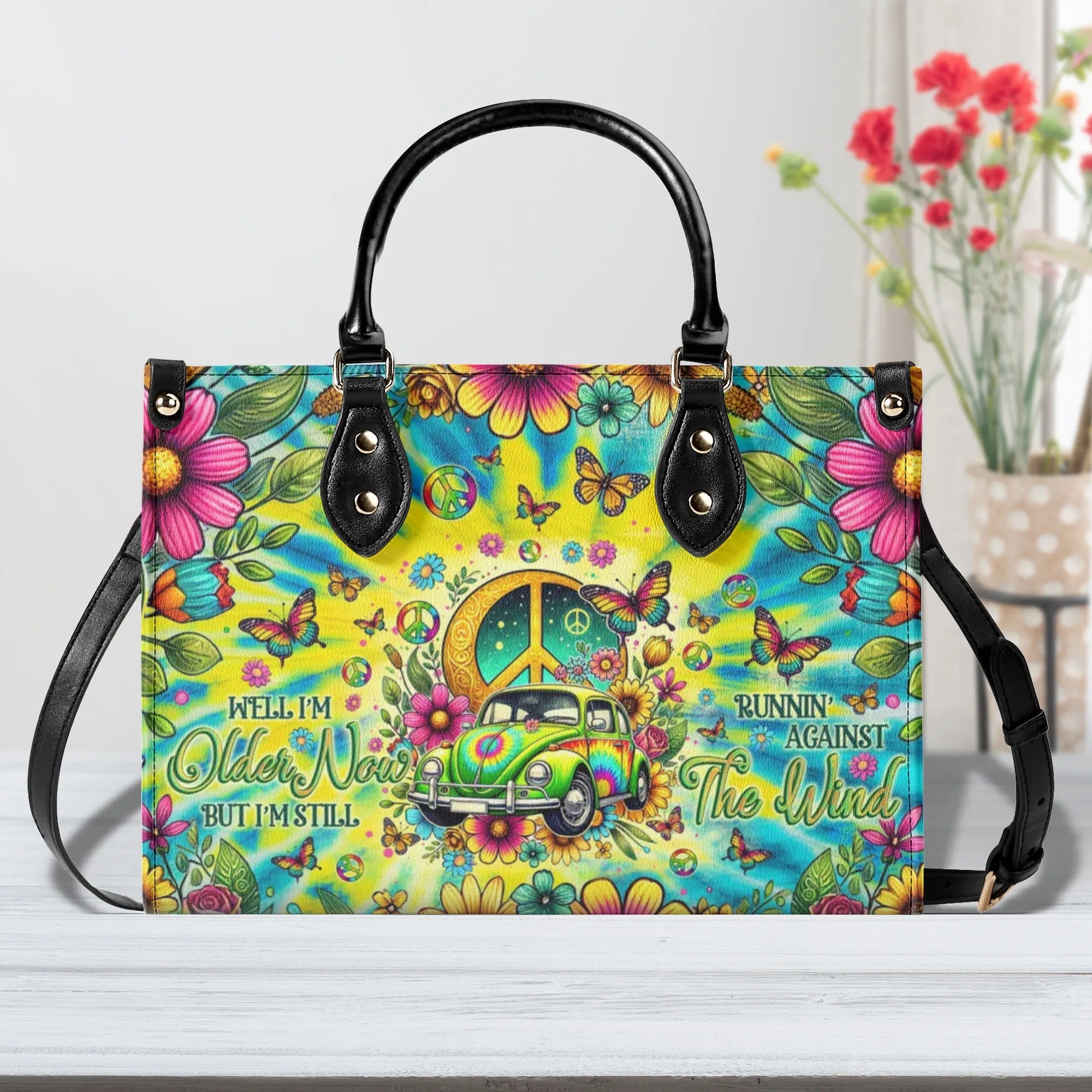 Older Now but Still Running Against the Wind Tie Dye VW Bug Peace Hippie Leather Bag _4_ 1Cfui