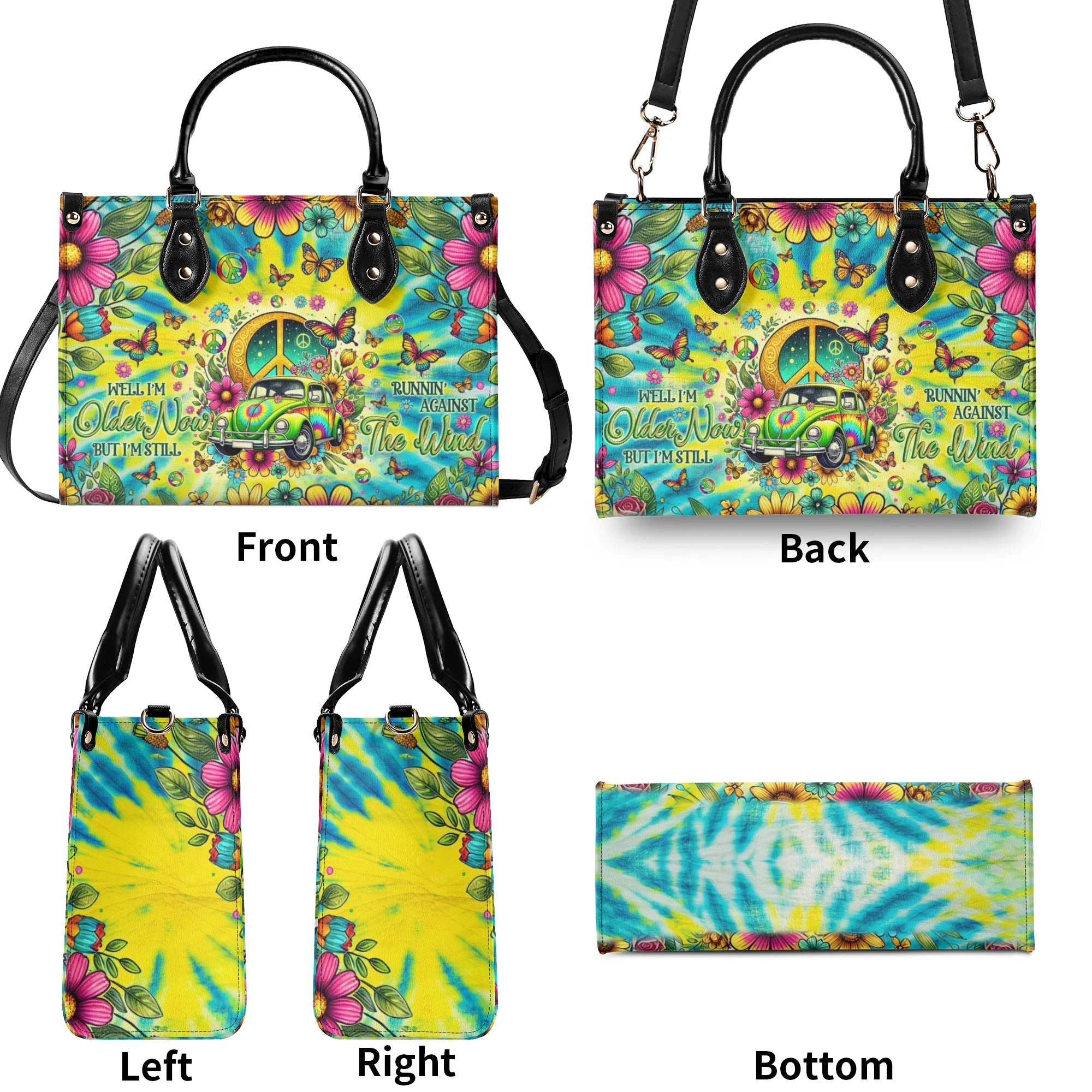 Older Now but Still Running Against the Wind Tie Dye VW Bug Peace Hippie Leather Bag _8_ bk7UV