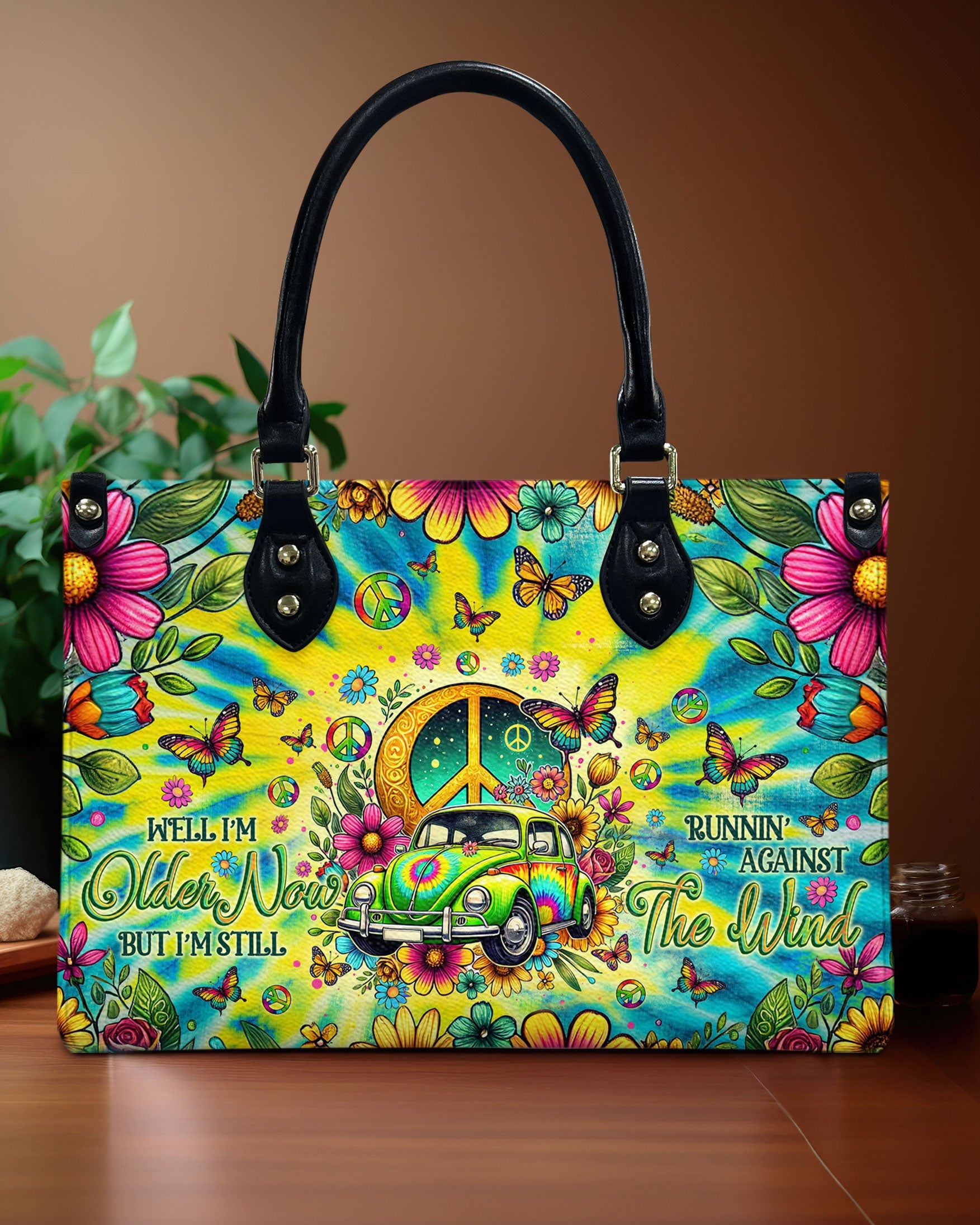 Older Now but Still Running Against the Wind Tie Dye VW Bug Peace Hippie Leather Bag _9_ Huy5R