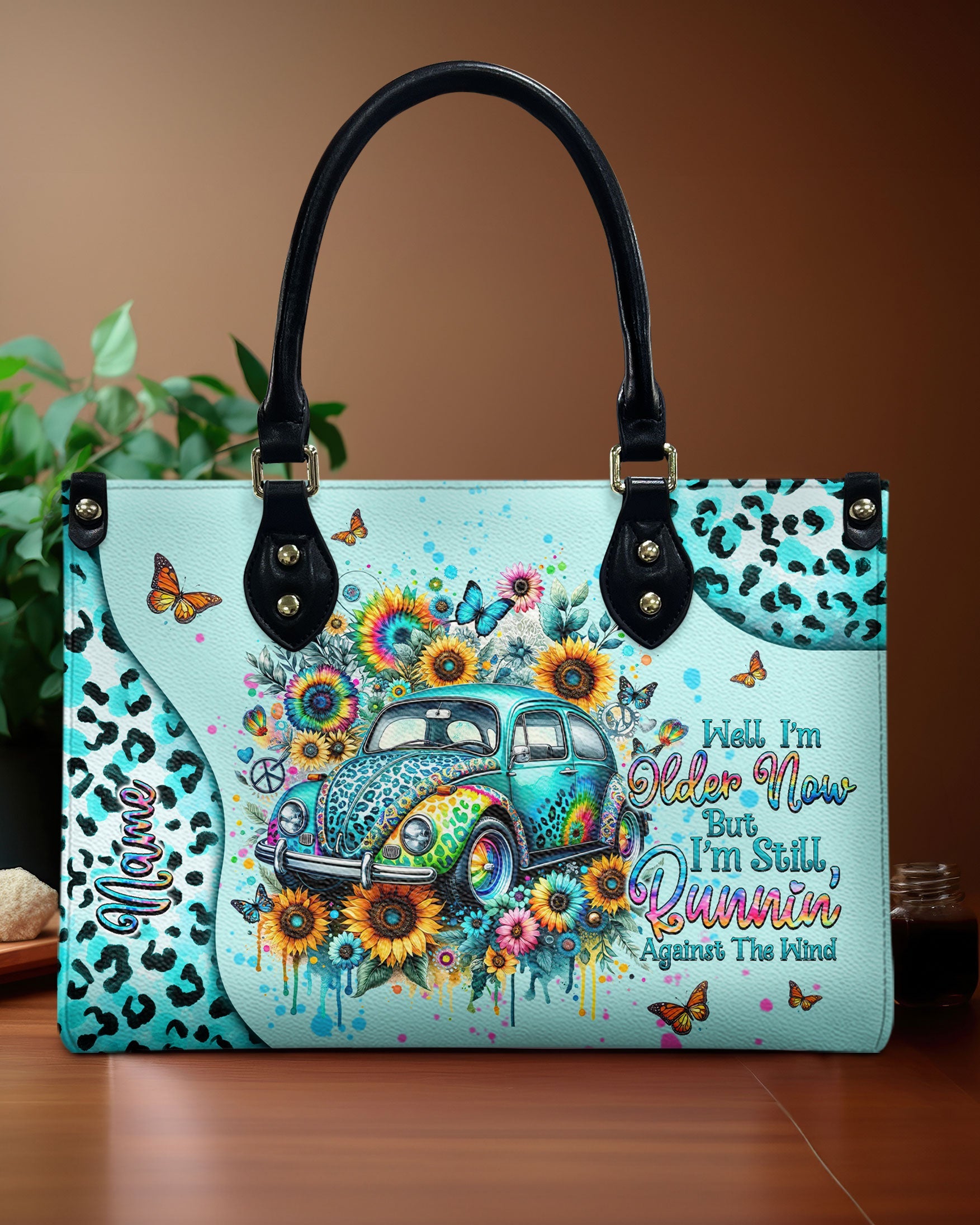 Older Now but Still Running Against the Wind VW Bug Sunflower Leopard Leather Bag _1_ hxWgk