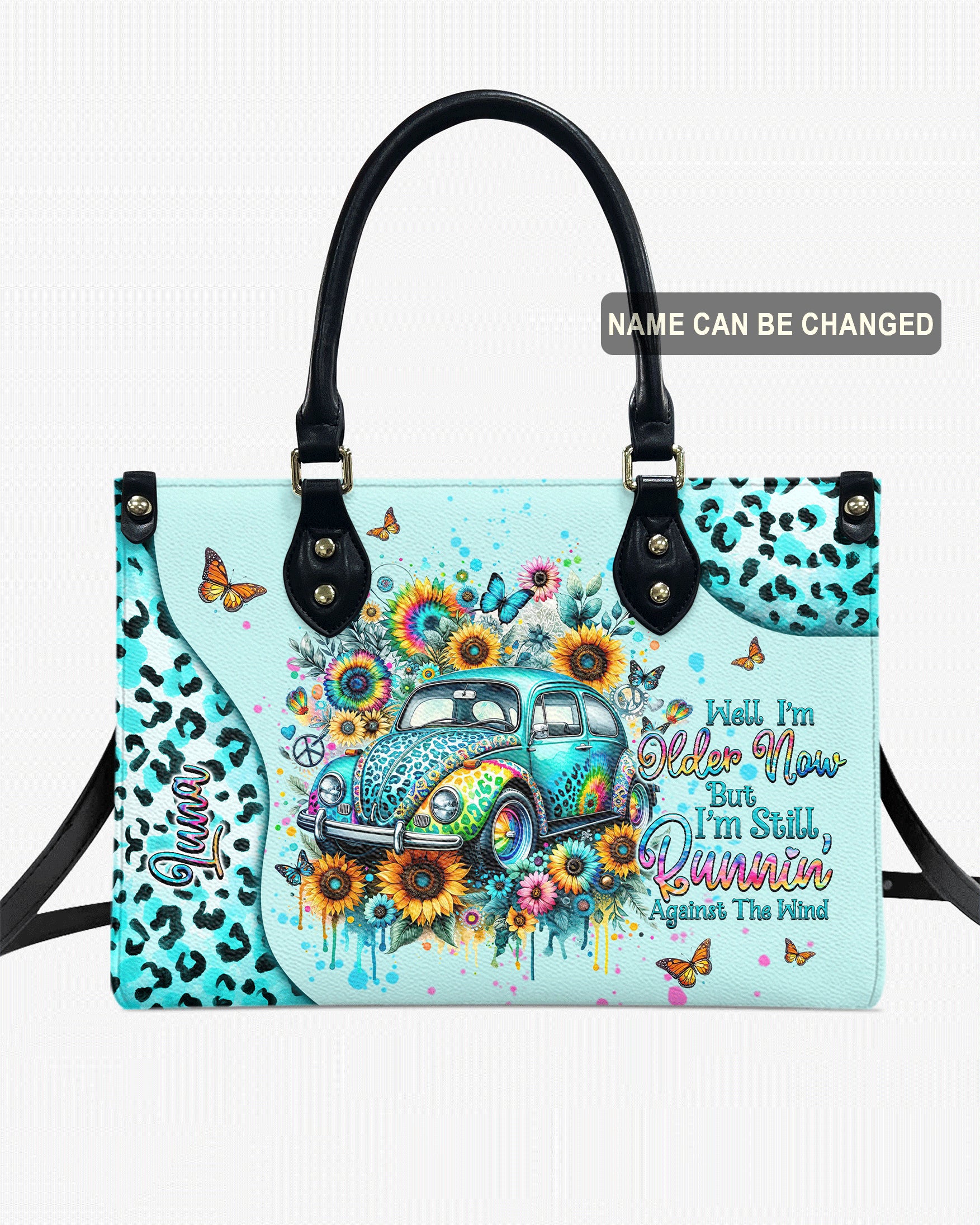Older Now but Still Running Against the Wind VW Bug Sunflower Leopard Leather Bag _8_ YS3UQ