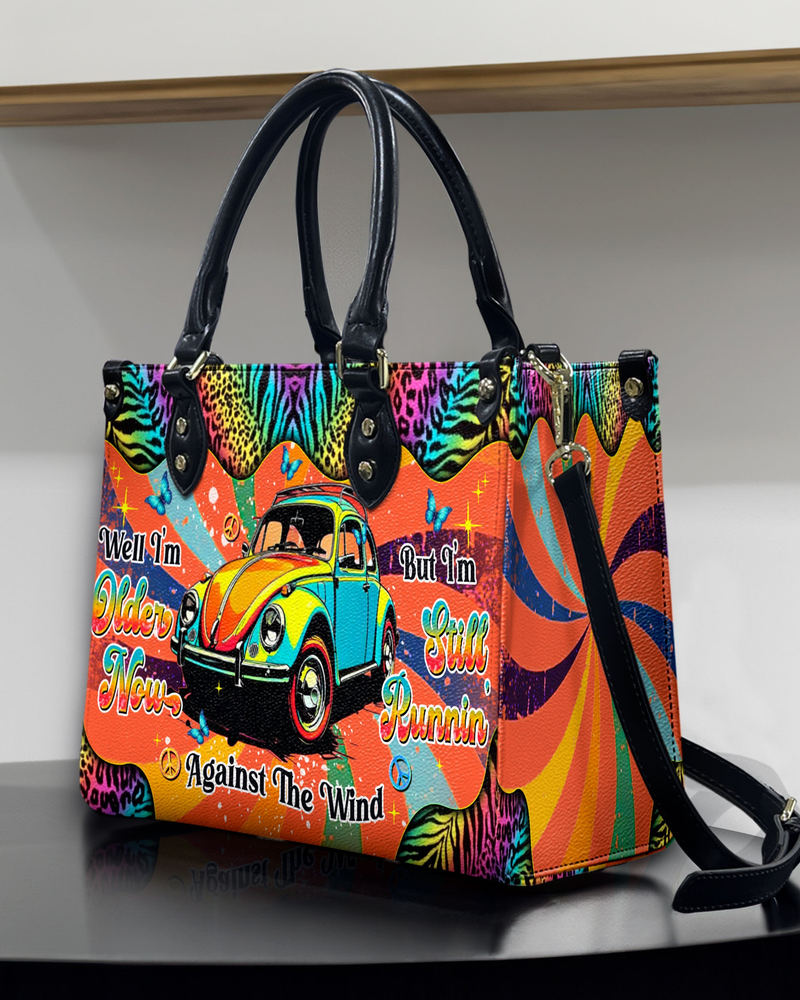 Older Now but Still Running Against the Wind VW Bug and Leopard Hippie Leather Bag _10_ pDpPW