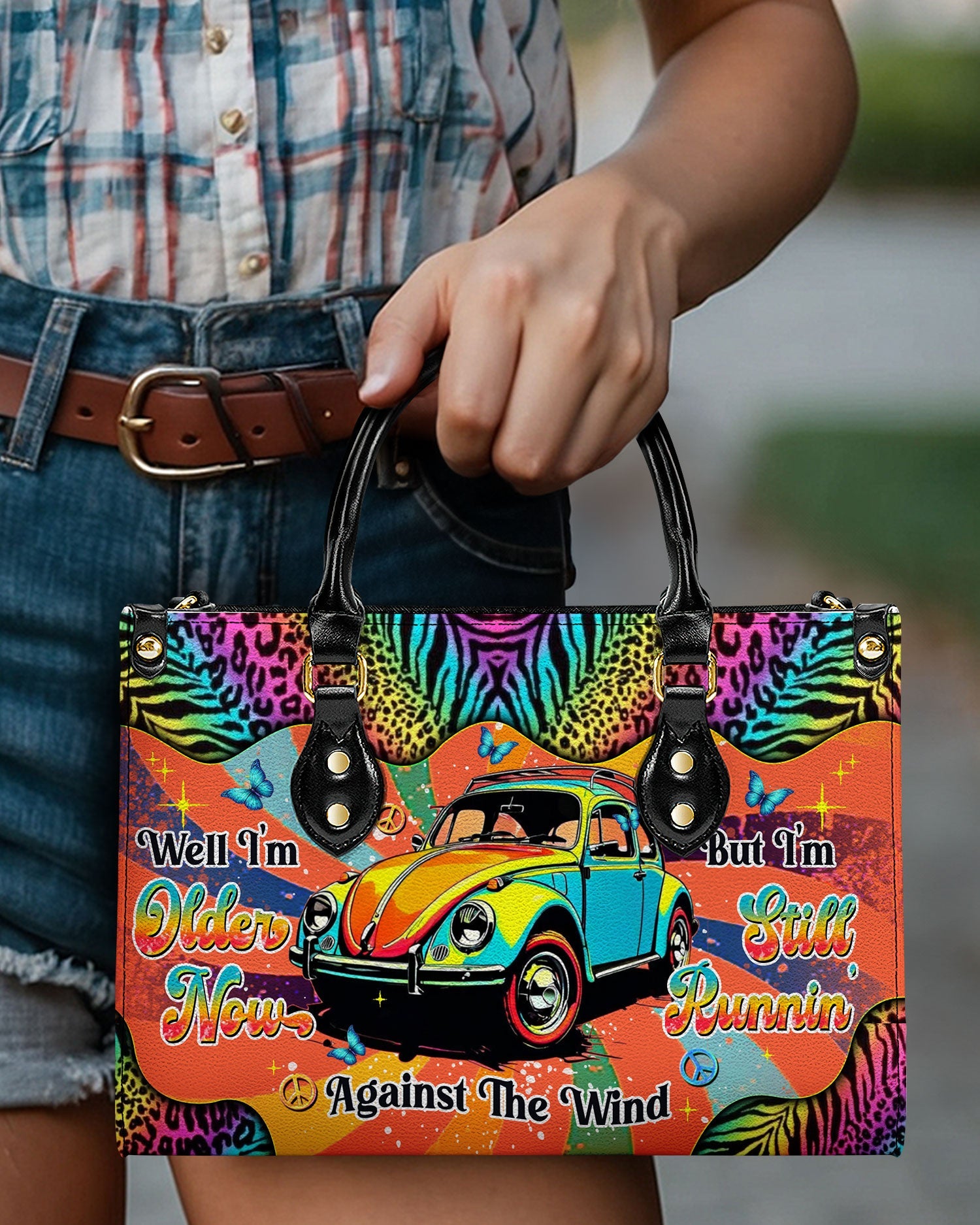 Older Now but Still Running Against the Wind VW Bug and Leopard Hippie Leather Bag _11_ AtgL5