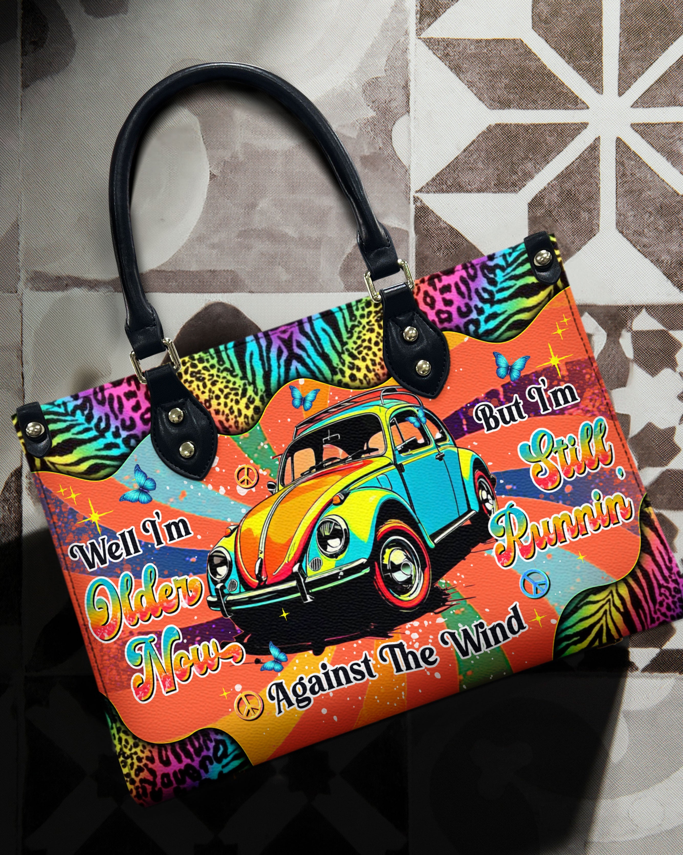 Older Now but Still Running Against the Wind VW Bug and Leopard Hippie Leather Bag _1_ ae1Bh