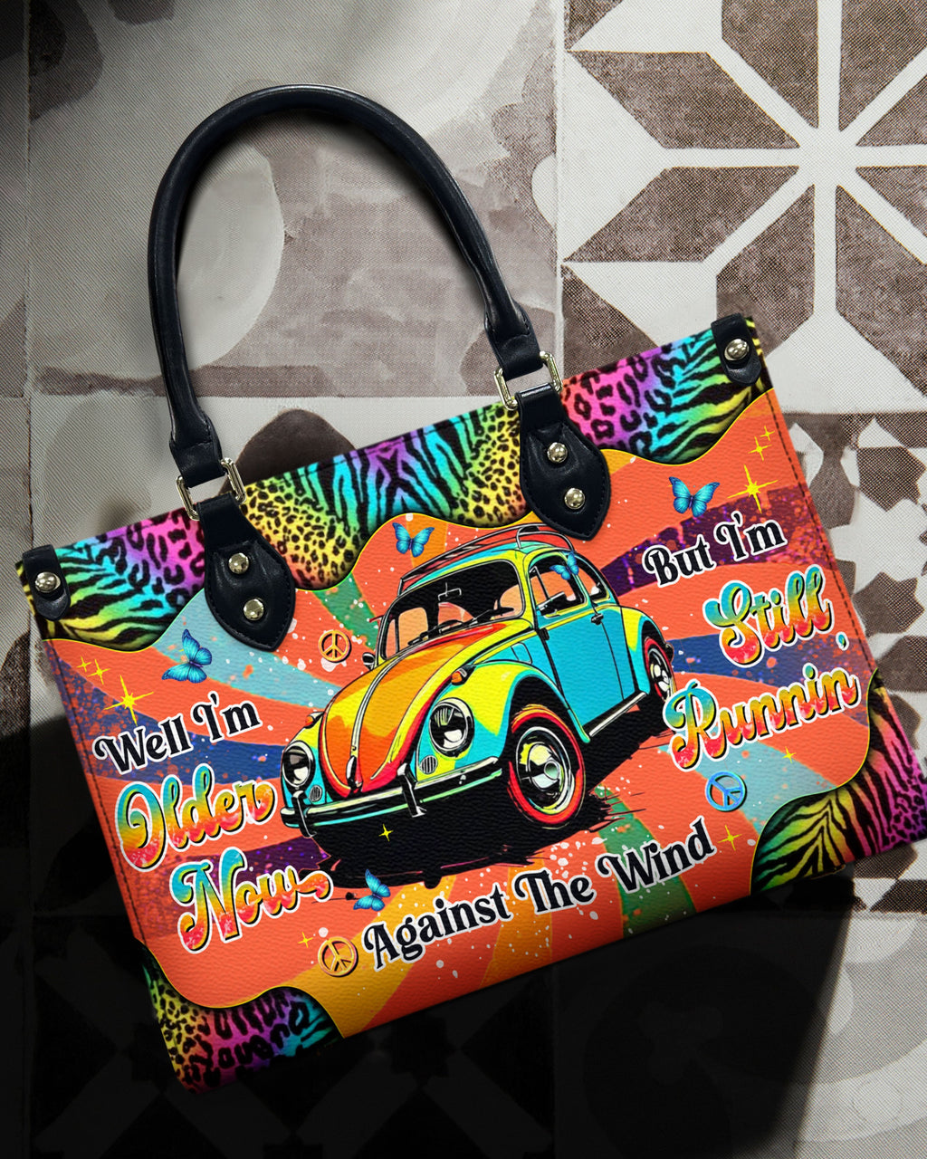 Older Now but Still Running Against the Wind VW Bug and Leopard Hippie Leather Bag _1_ ae1Bh