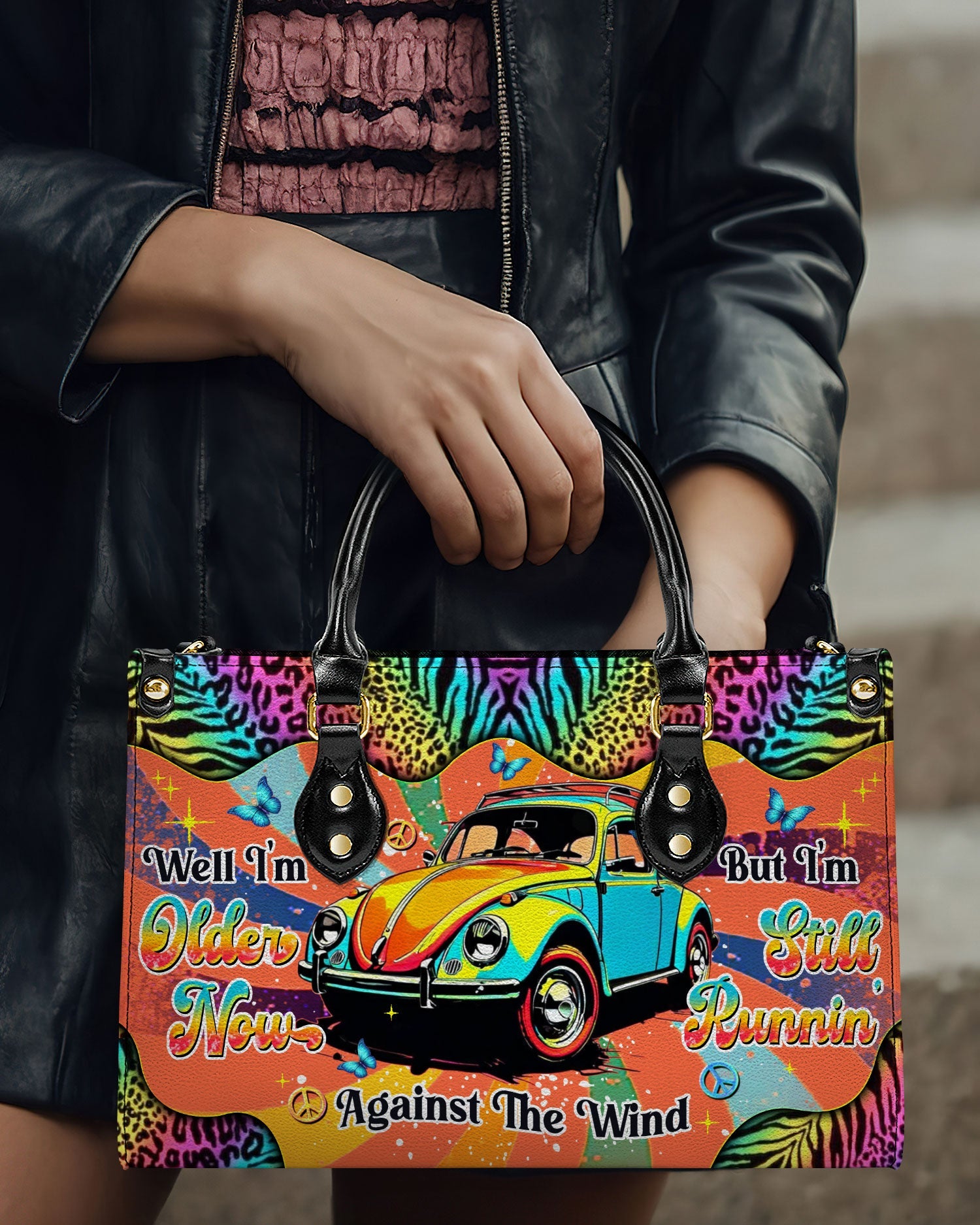 Older Now but Still Running Against the Wind VW Bug and Leopard Hippie Leather Bag _2_ 0ZtOJ