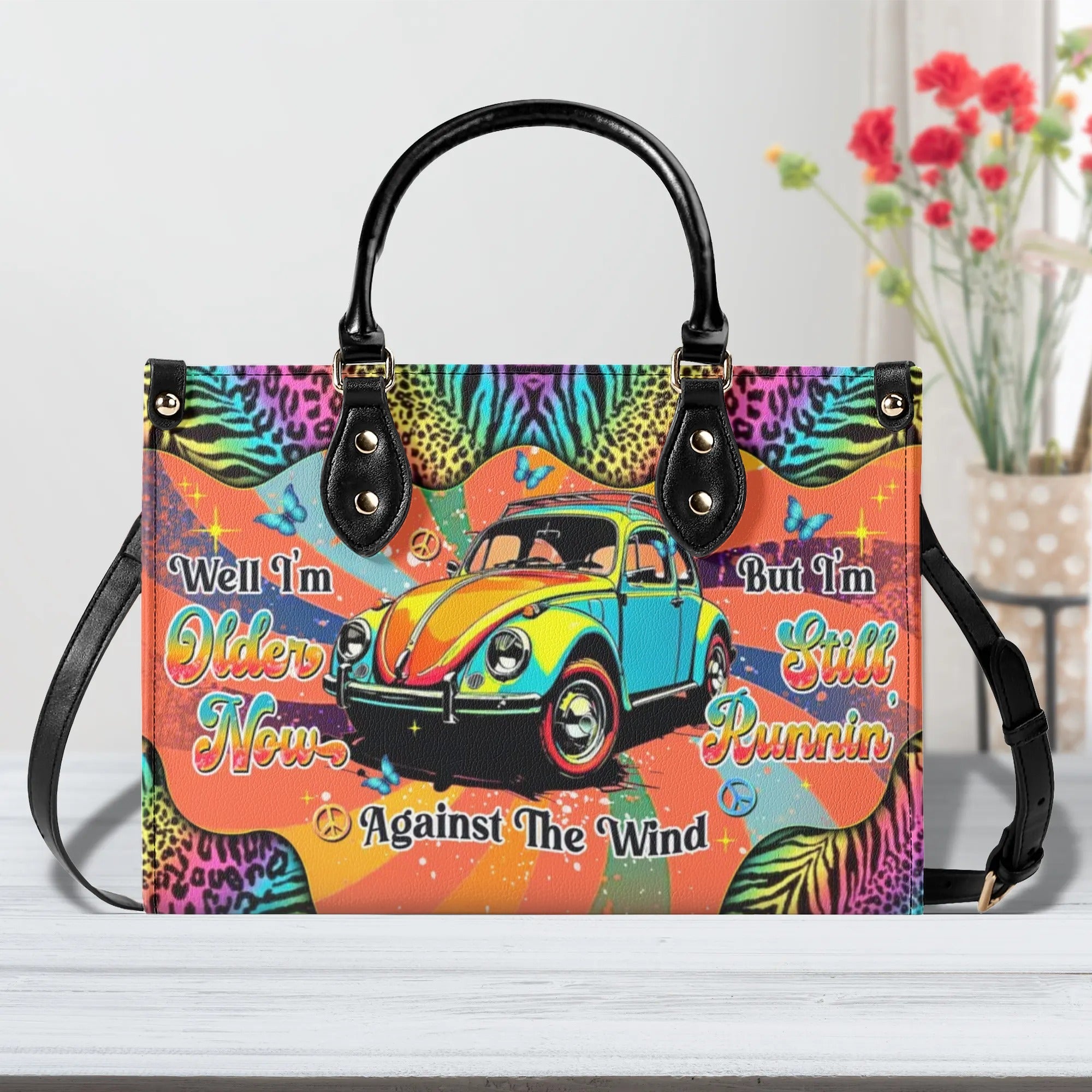 Older Now but Still Running Against the Wind VW Bug and Leopard Hippie Leather Bag _4_ HvbE0