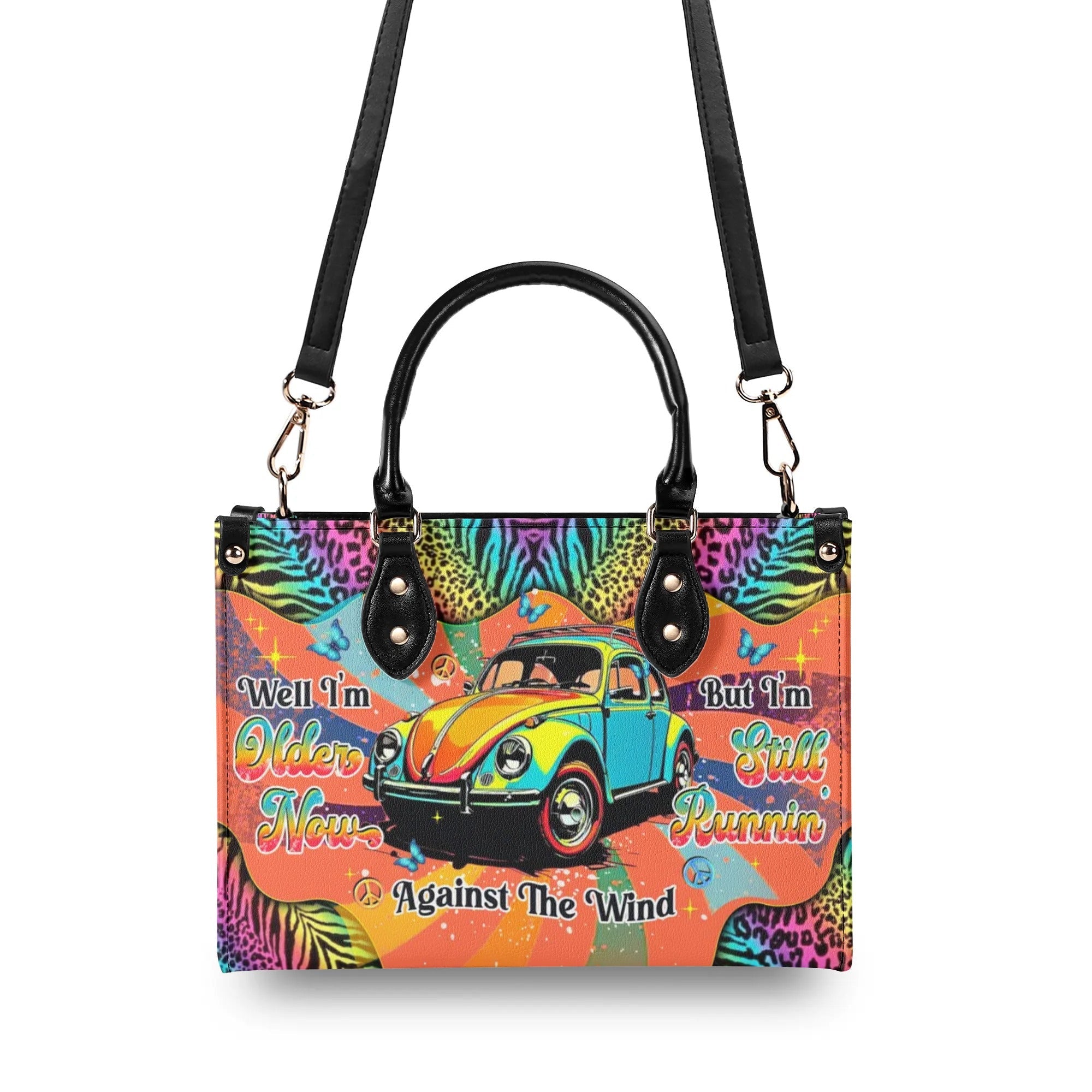 Older Now but Still Running Against the Wind VW Bug and Leopard Hippie Leather Bag _5_ cl8eG