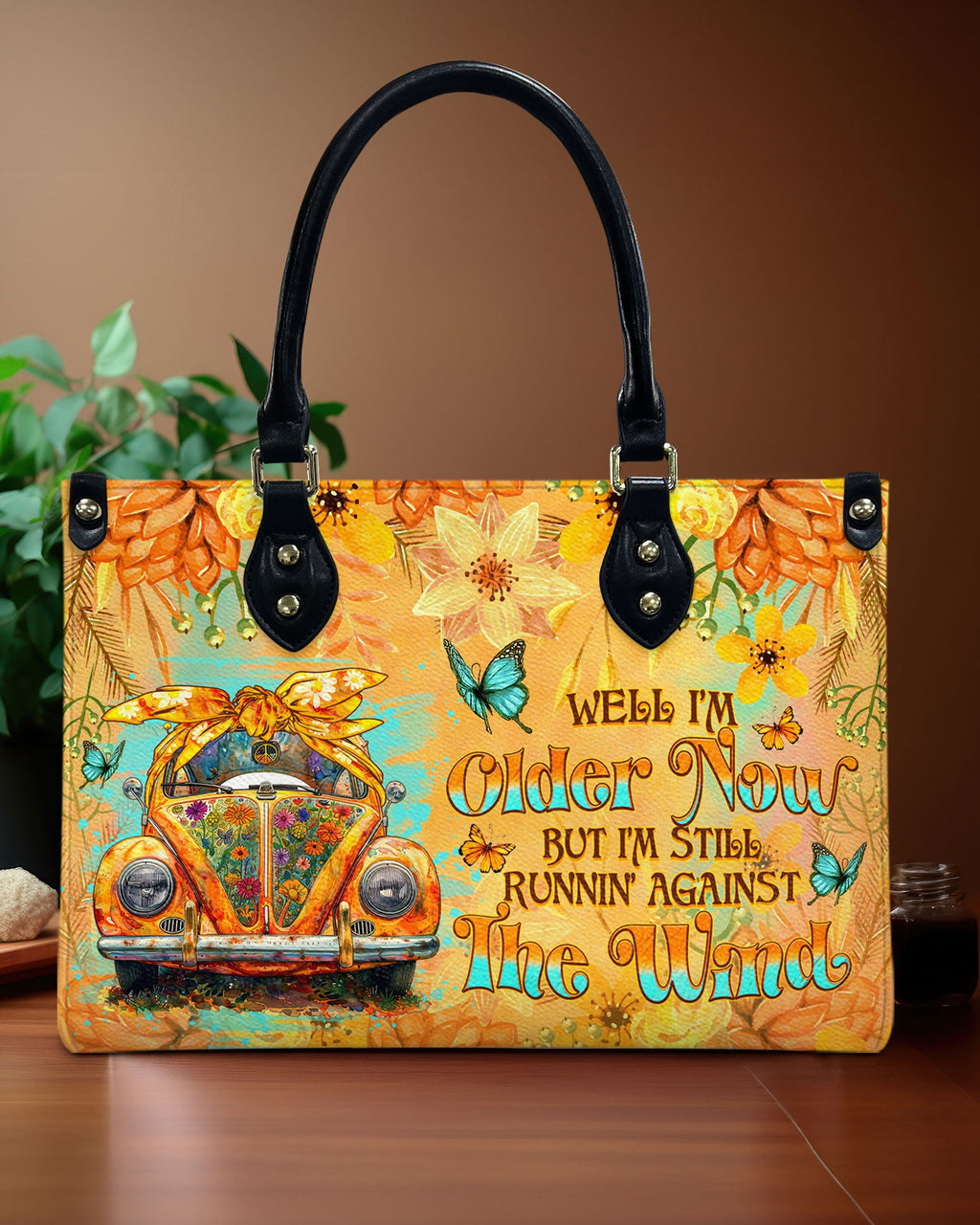 Older Now but Still Running Against the Wind Vintage Orange Car Hippie Leather Bag _1_ j9OkY