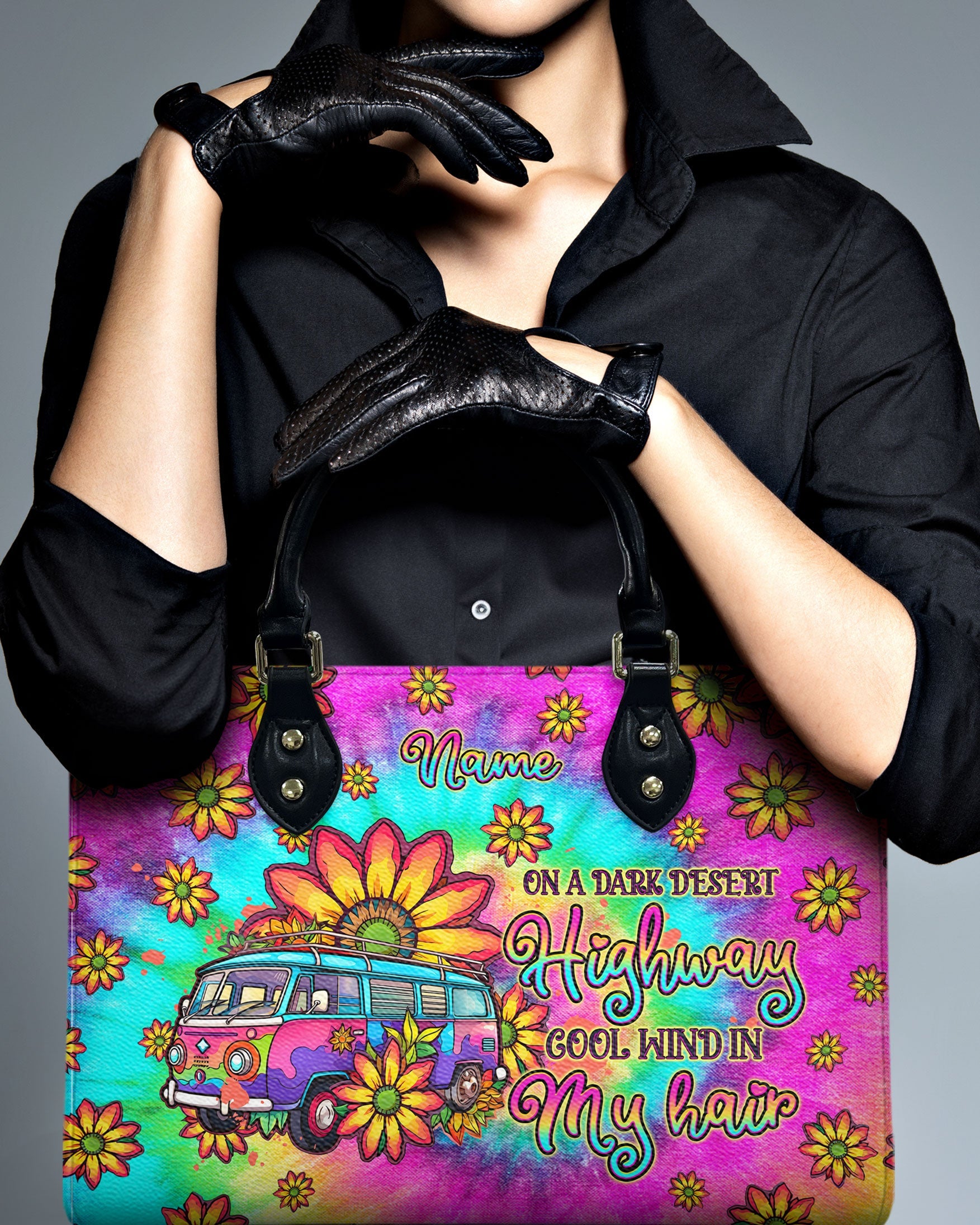 On a Dark Desert Highway Cool Wind in My Hair Hippie Van Sunflower Tie Dye Leather Bag _2_ 0dL9h
