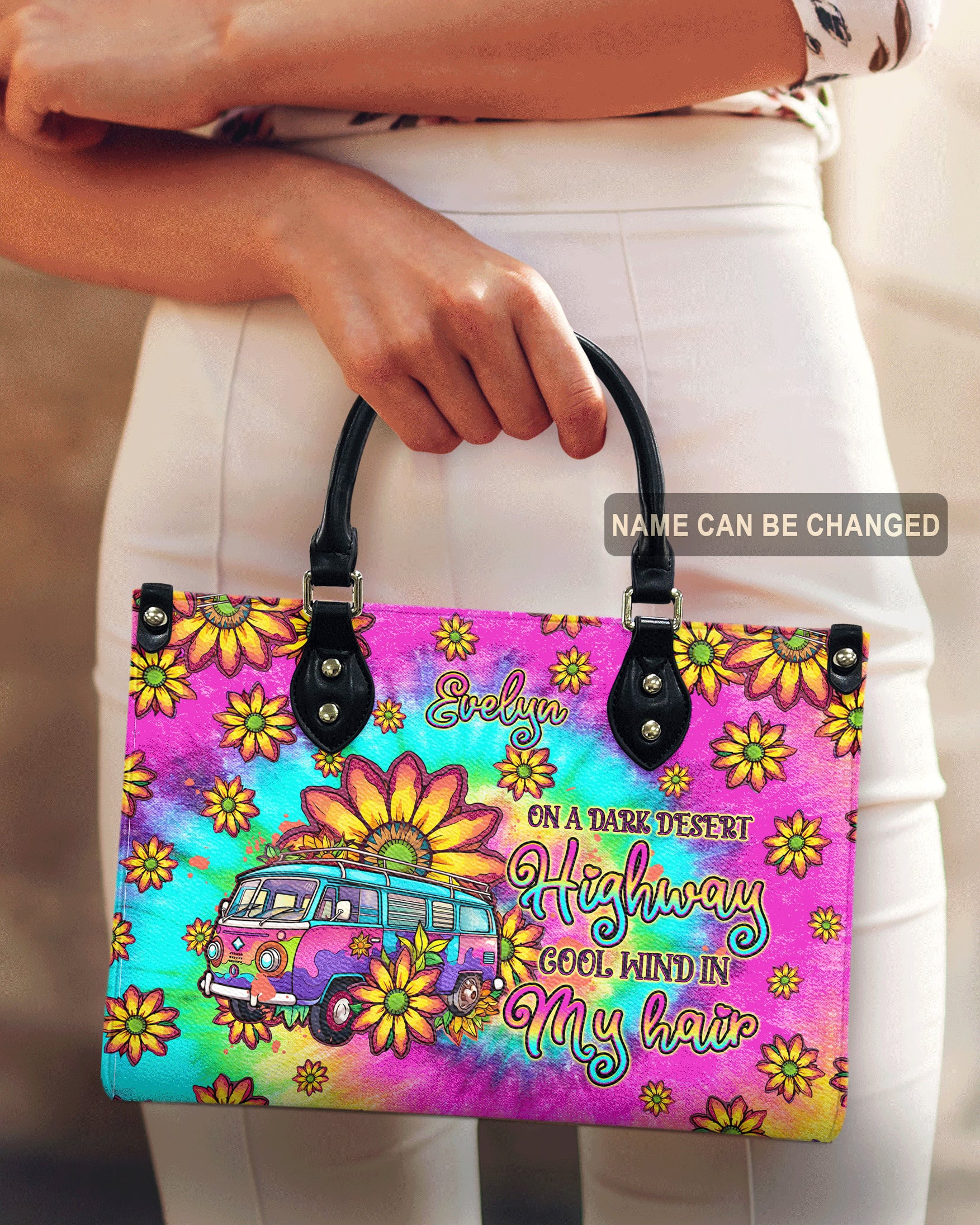 On a Dark Desert Highway Cool Wind in My Hair Hippie Van Sunflower Tie Dye Leather Bag _3_ dPbui