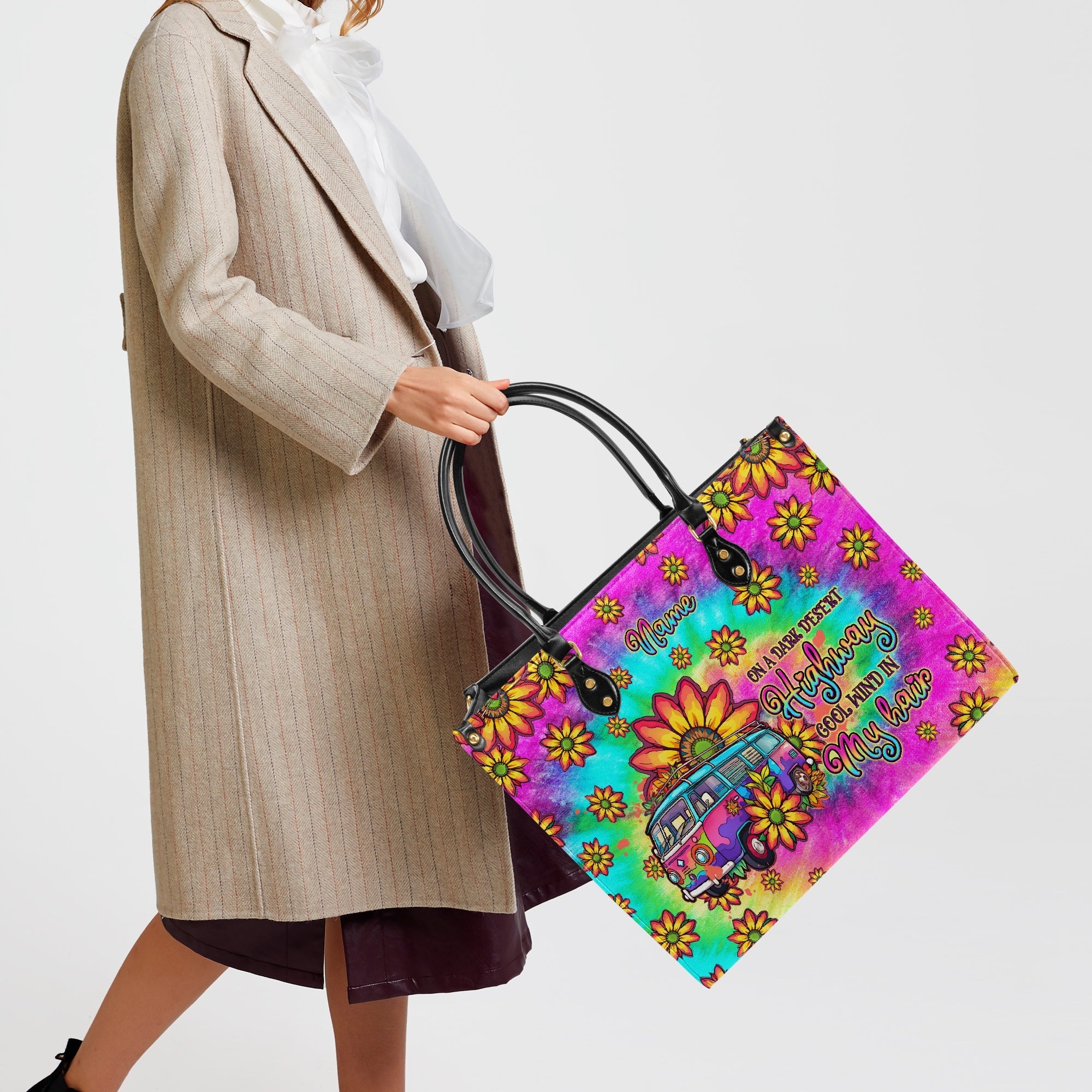 On a Dark Desert Highway Cool Wind in My Hair Hippie Van Sunflower Tie Dye Leather Bag _8_ WsYUE