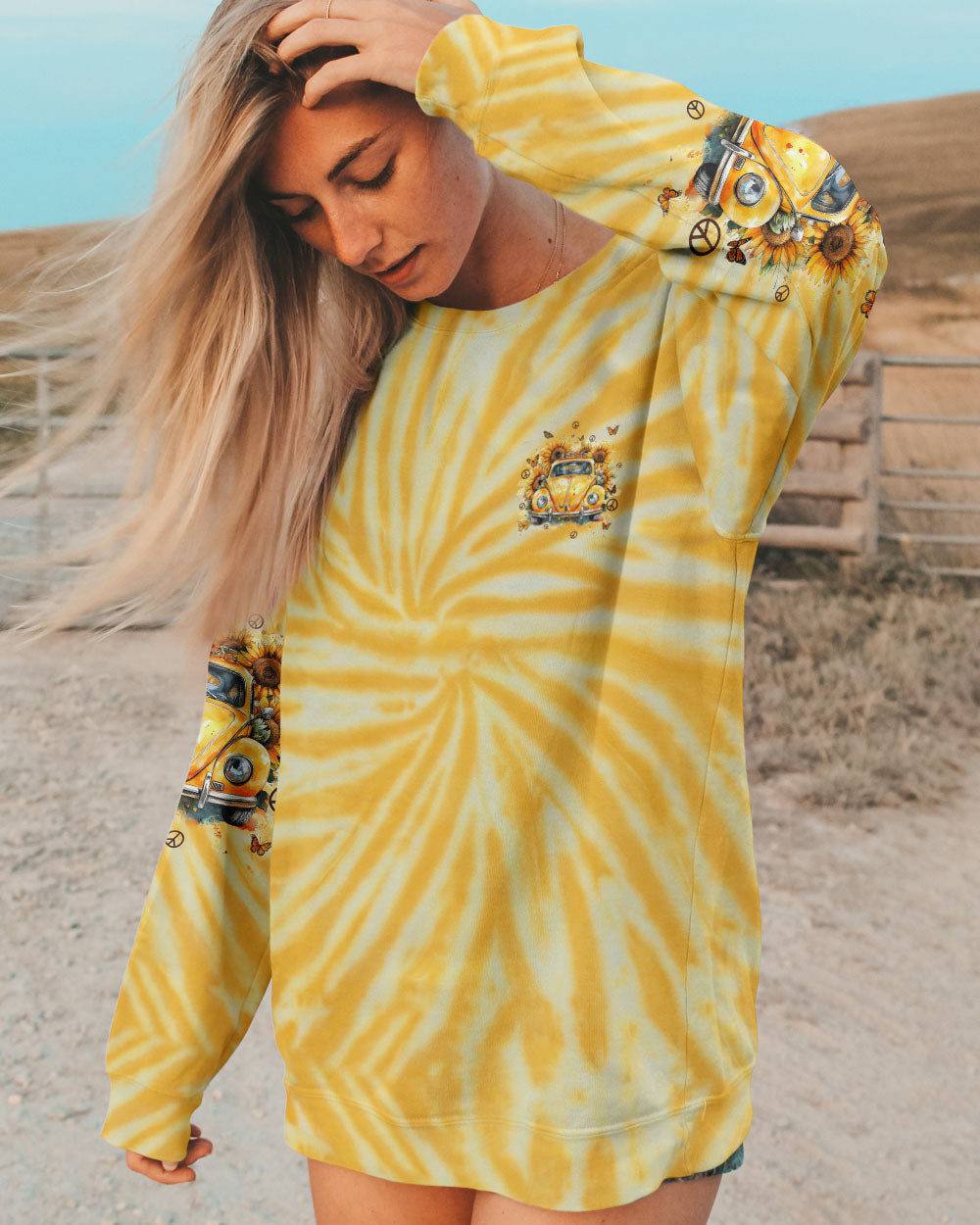 On a Desert Highway Cool Wind in My Hair VW Beetle Yellow Tie Dye AOP Shirts _2_ CELYK