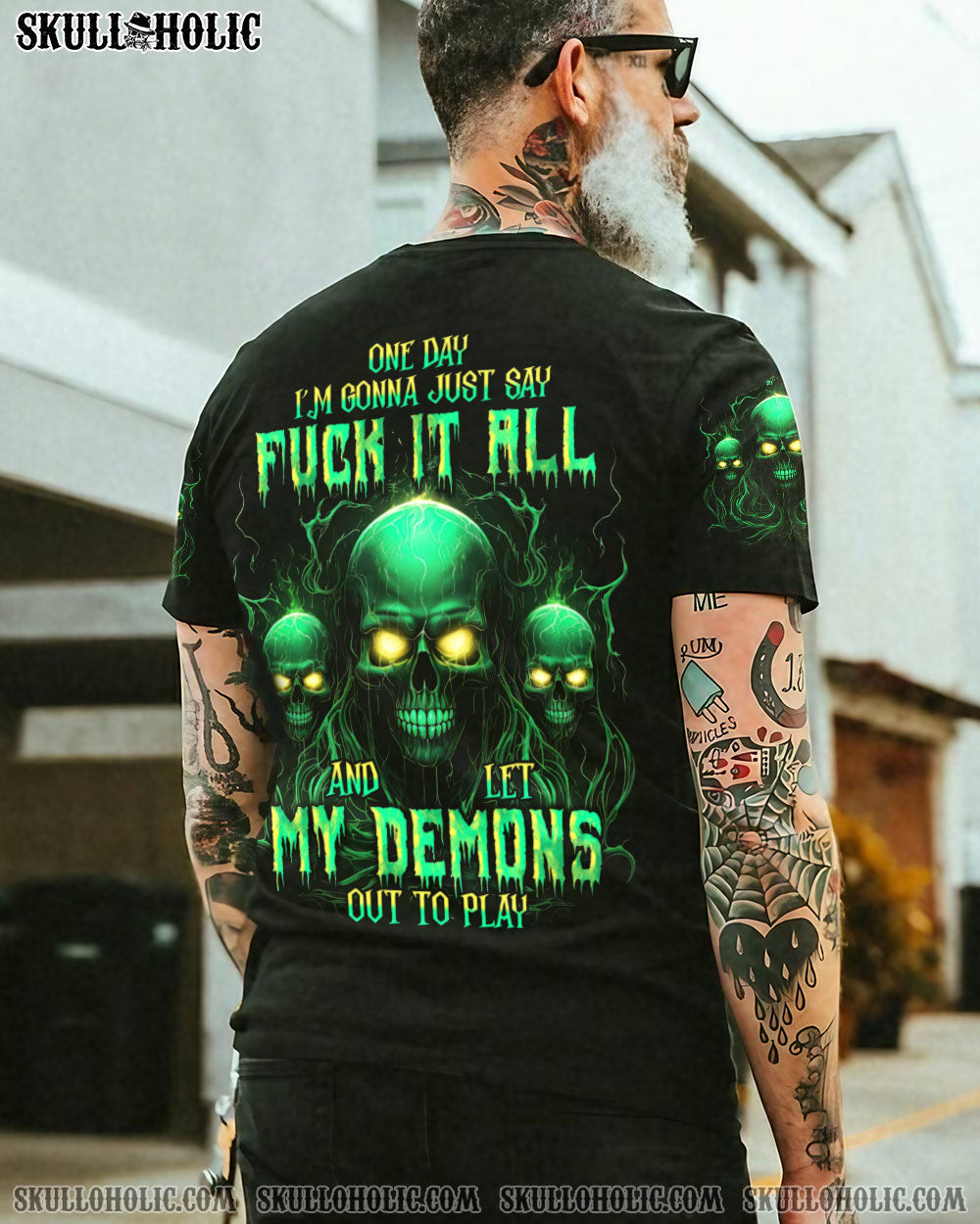 One Day I_E2_80_99m Gonna Just Say F It All and Let My Demons Out to Play Green Skull Graphic Tee AOP Shirts _15_ 1lgSv