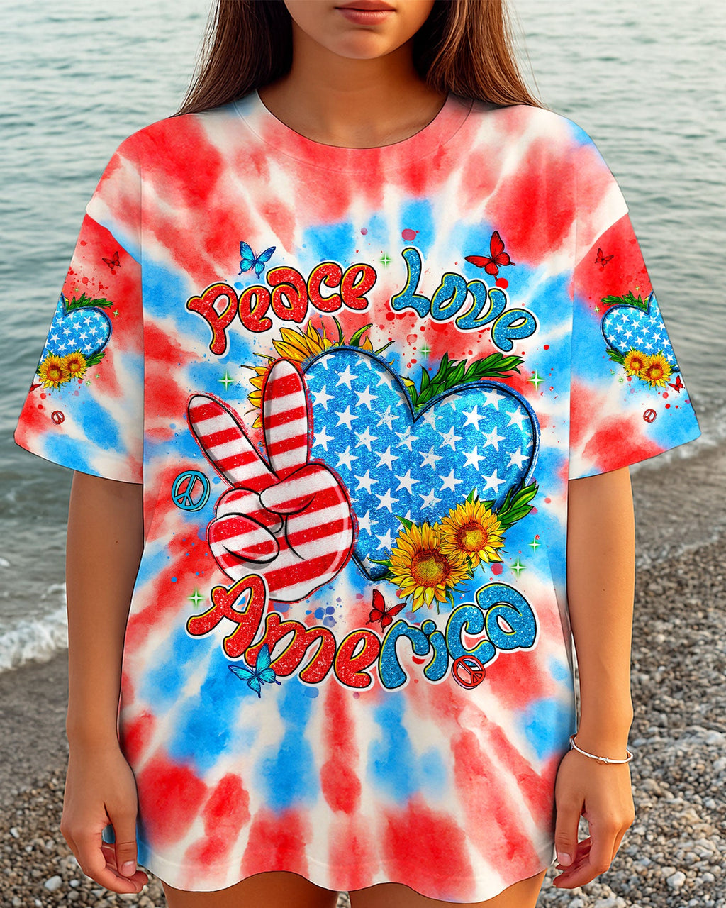 Peace Love America Patriotic Tie Dye Graphic 4th of July Tee for Women AOP Shirts _1_ OI8p8