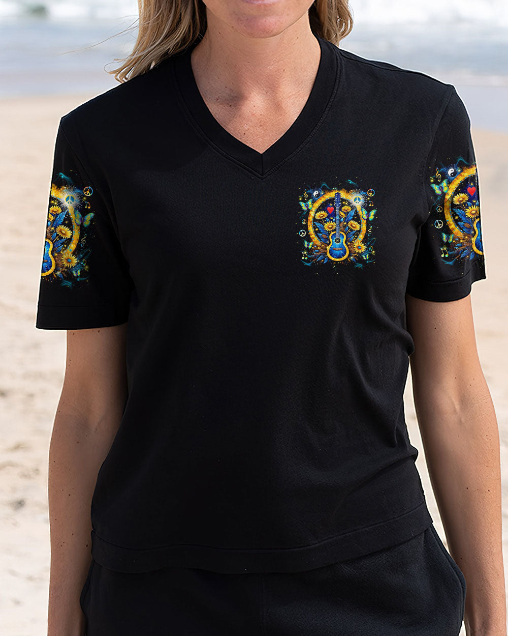 Peace Love Rock _E2_80_98N Roll Guitar and Sunflower Floral Music Graphic Tee AOP Shirts _12_ m0wqj
