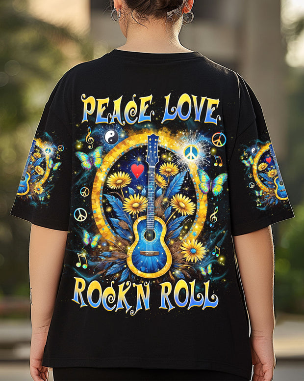 Peace Love Rock ?N Roll - Guitar and Sunflower Floral Music Graphic Tee - AOP Shirts