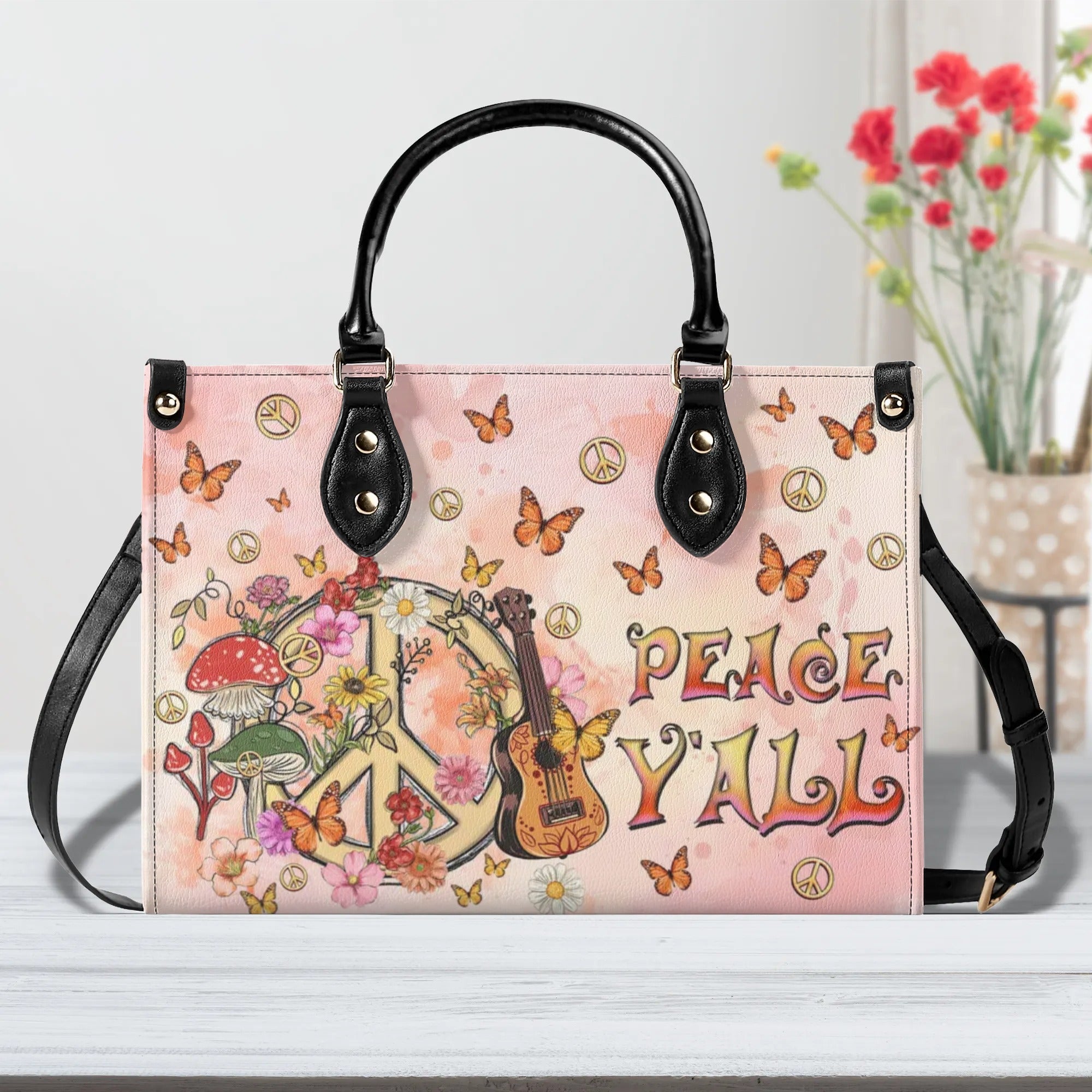 Peace Y_E2_80_99All Peace Sign with Guitar and Mushrooms Hippie Leather Bag Gift for Women _1_ GEIGZ