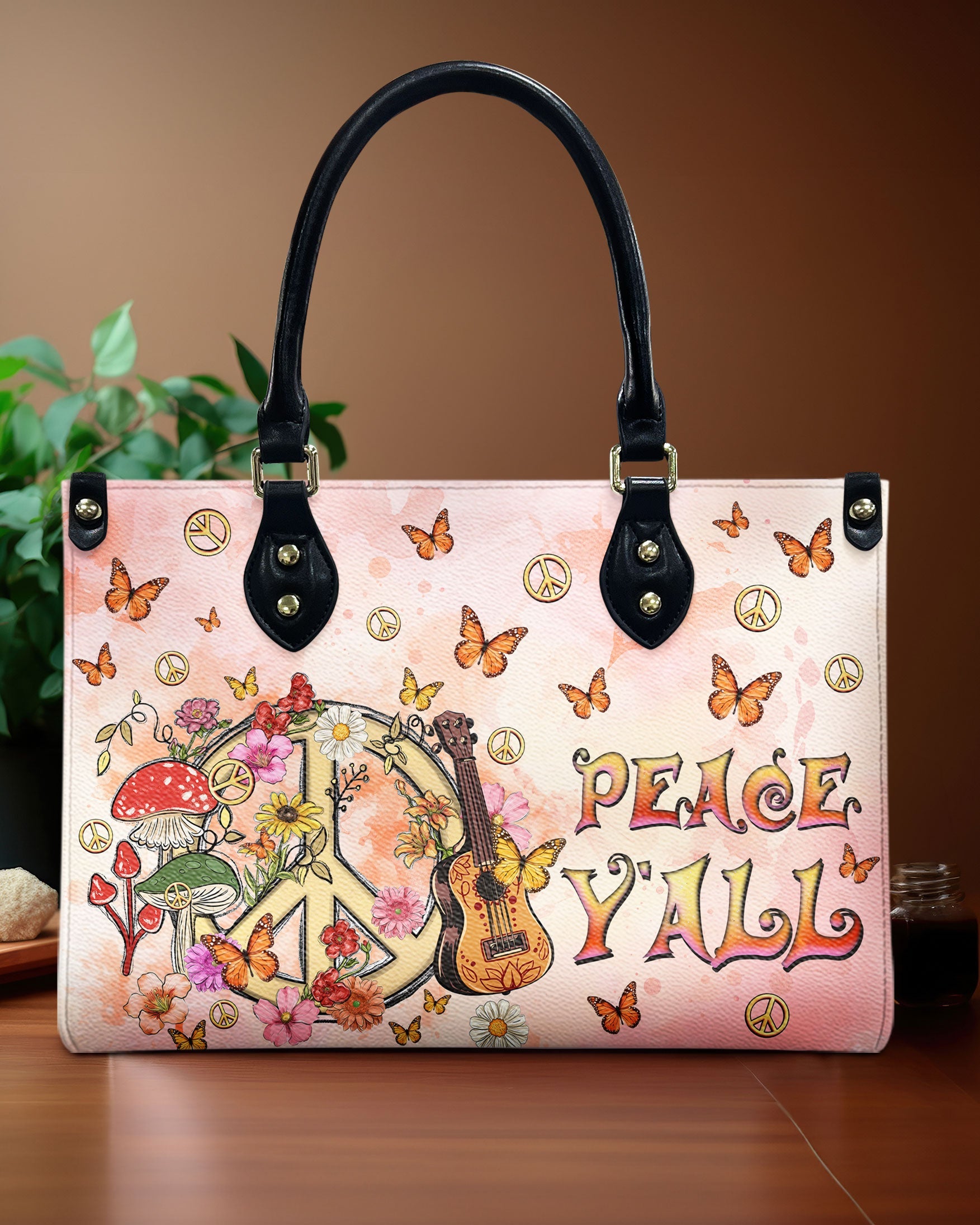 Peace Y_E2_80_99All Peace Sign with Guitar and Mushrooms Hippie Leather Bag Gift for Women _3_ N3Ocm