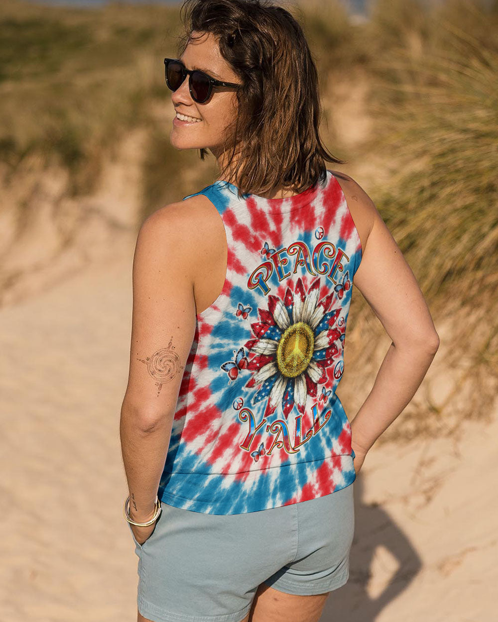Peace Y_E2_80_99all Sunflower USA Tie Dye Patriotic 4th of July Tee for Women AOP Shirts _13_ UhP27