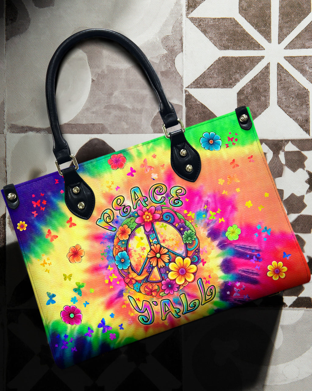 Peace Y_E2_80_99all Tie Dye Hippie Colorful Floral Peace Sign Leather Bag _1_ 9xGWk