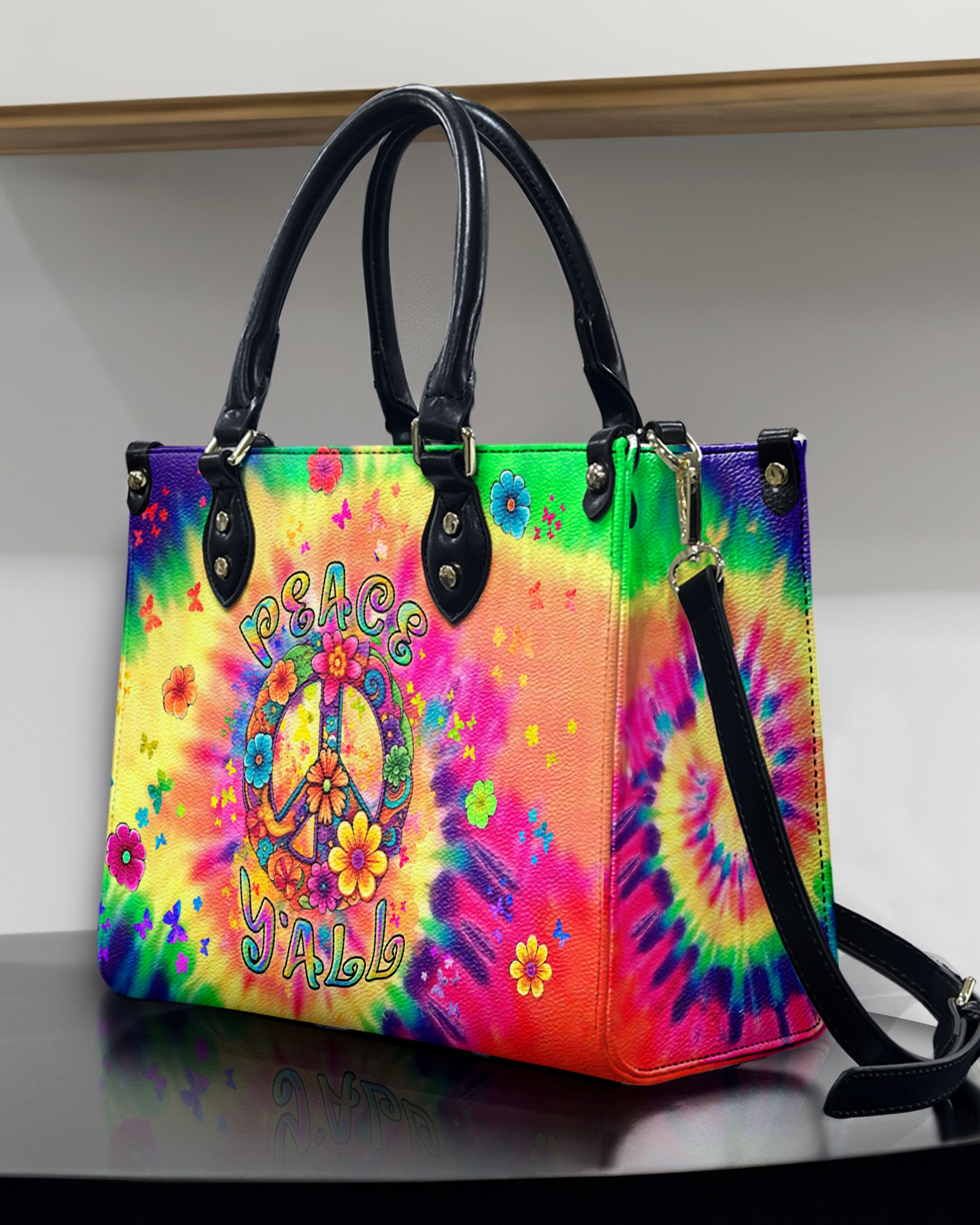 Peace Y_E2_80_99all Tie Dye Hippie Colorful Floral Peace Sign Leather Bag _2_ WfIss