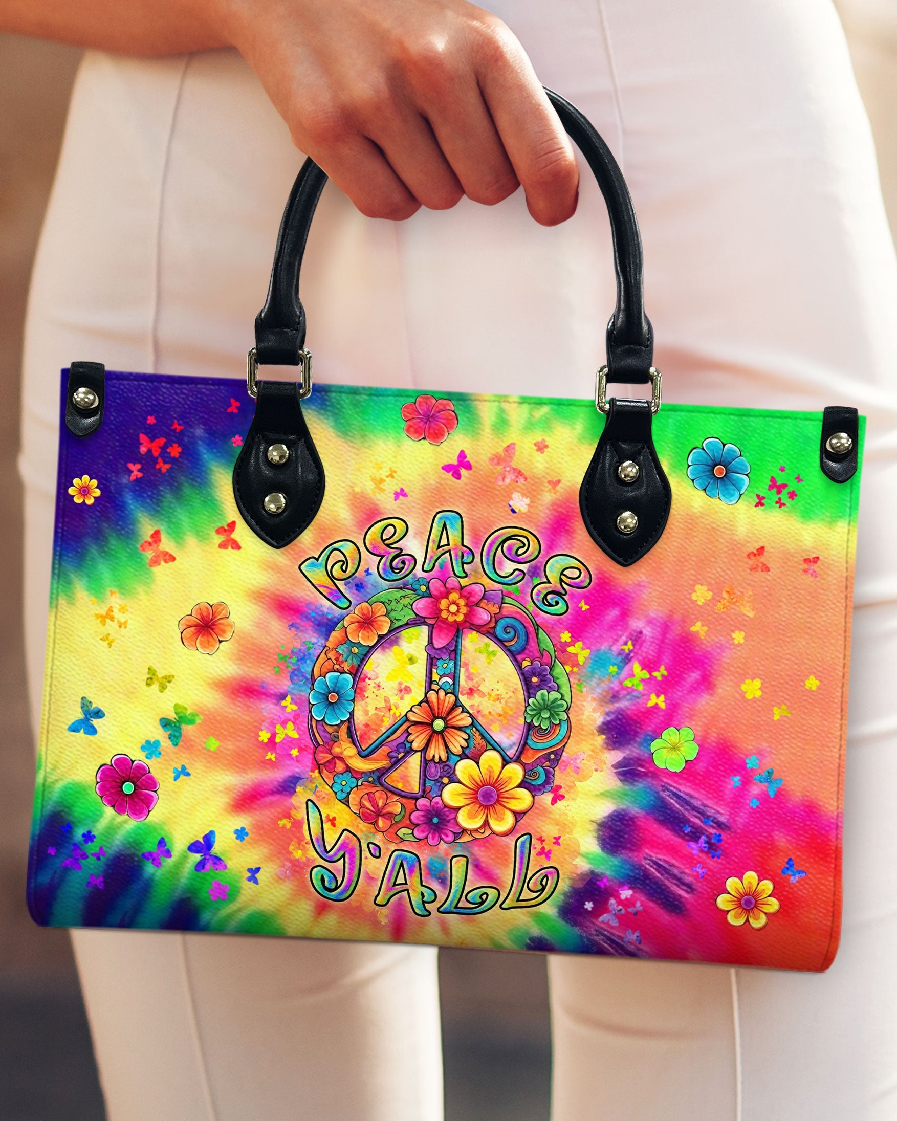 Peace Y_E2_80_99all Tie Dye Hippie Colorful Floral Peace Sign Leather Bag _3_ rDboR