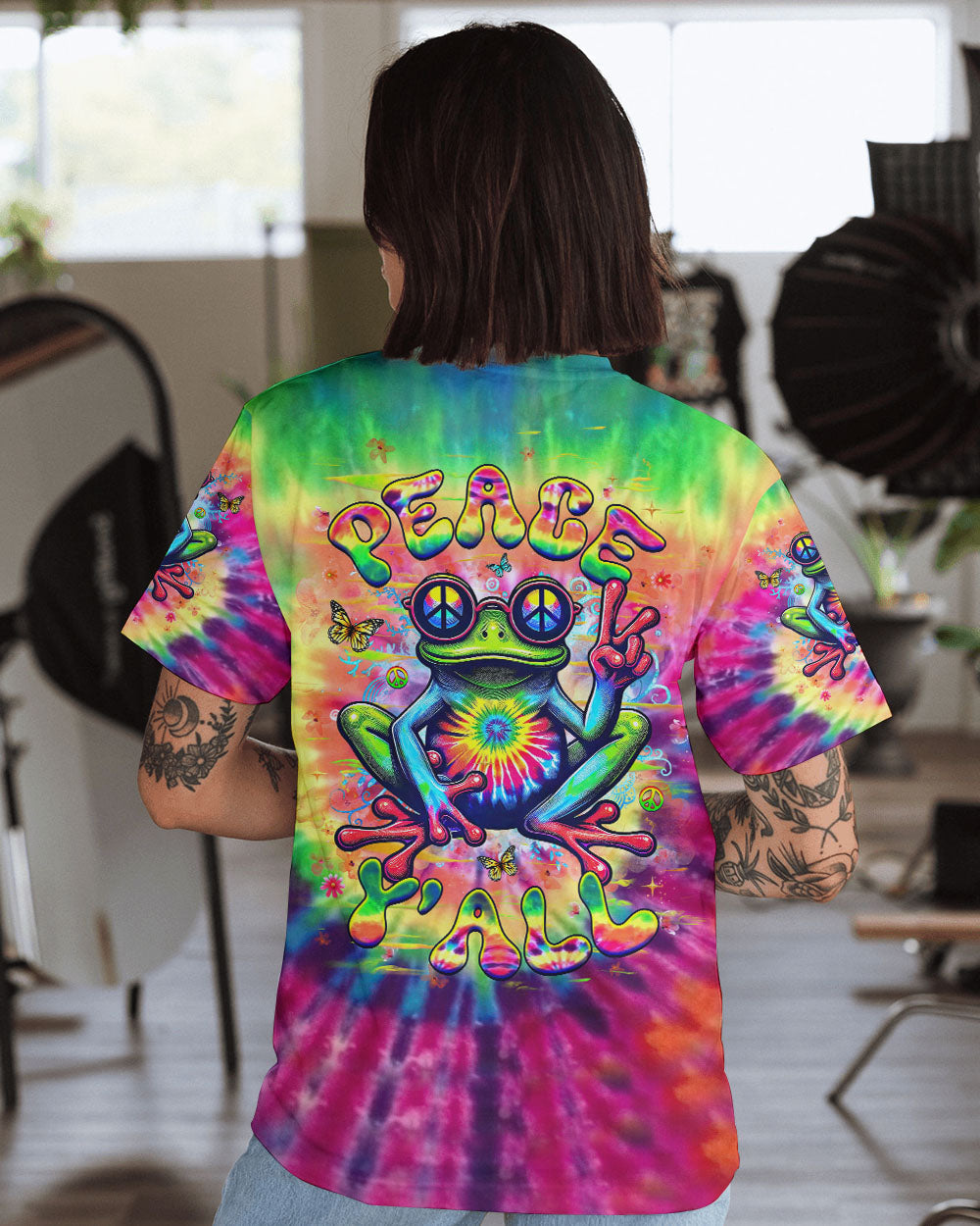 Peace Yall Tie Dye Frog Groovy Hippie Graphic for Women AOP Shirts _1_ vudO6