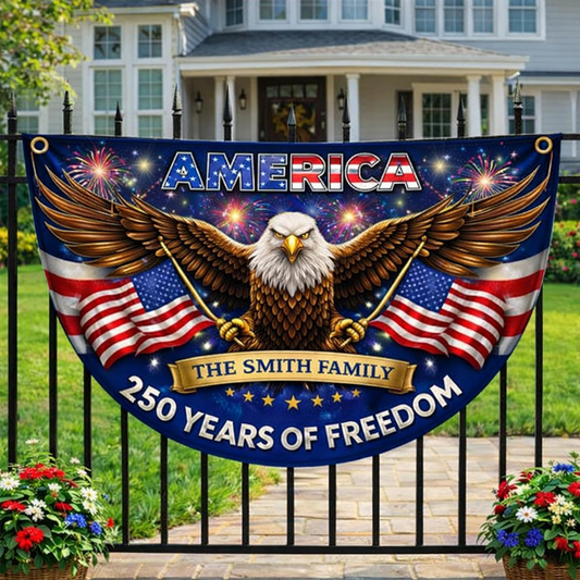 Personalized USA 250th Anniversary Bunting Flag with Family Name_  4th of July Patriotic Eagle Design 002