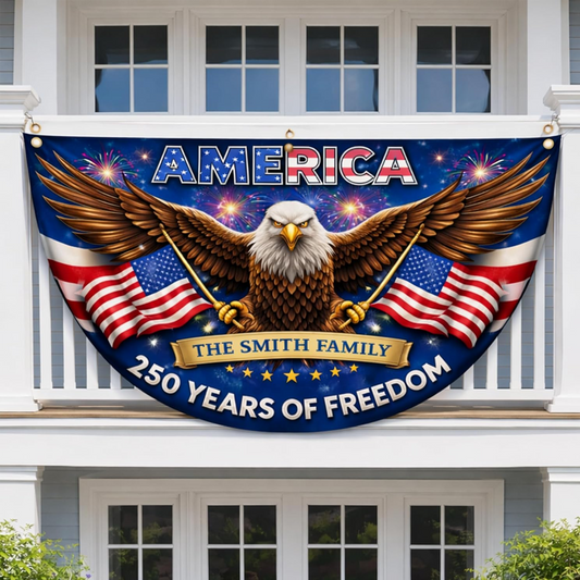 Personalized USA 250th Anniversary Bunting Flag with Family Name_  4th of July Patriotic Eagle Design 004