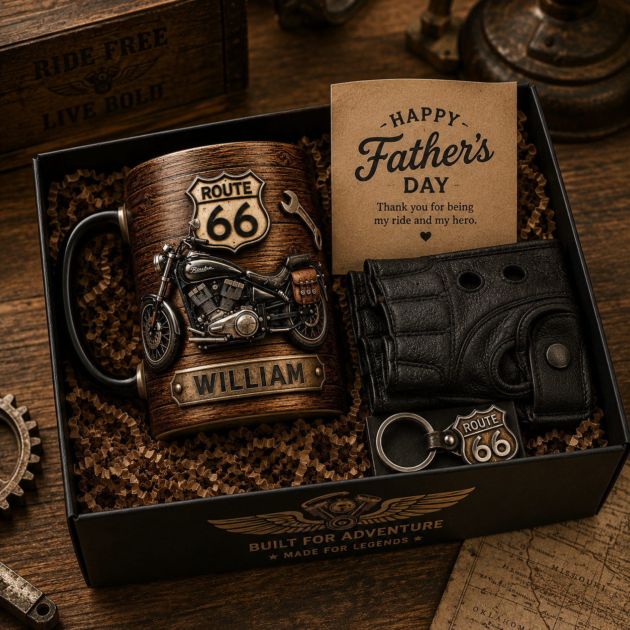 Personalized_biker_coffee_mug_showcasing_a_classic_motorcycle_custom_engraved style_name_and_rustic_wood_texture_background