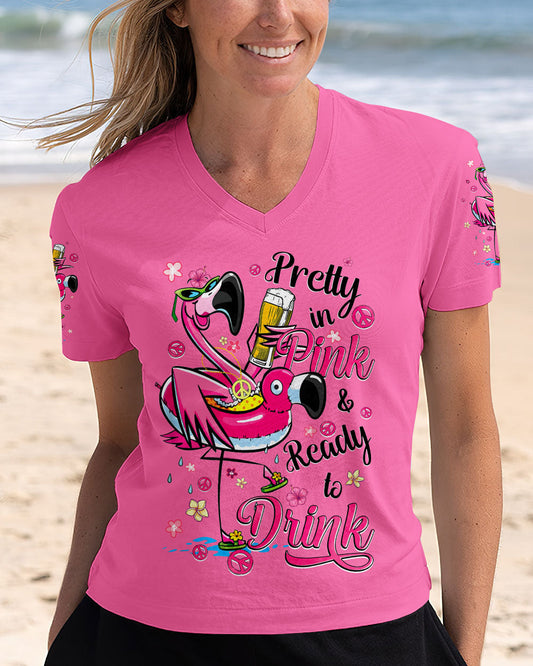 Pretty in Pink Flamingo Ready to Drink Funny Summer Beach Tee for Women AOP Shirts _2_ 7IYOK