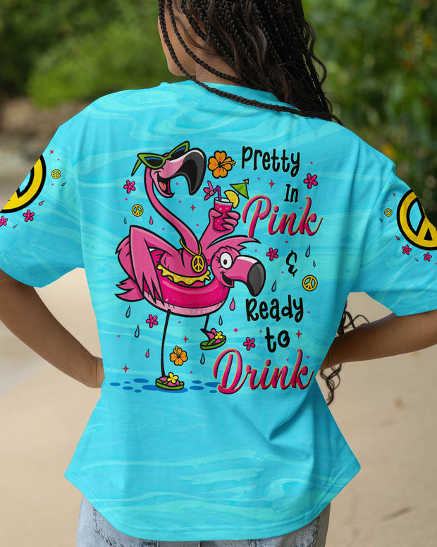Pretty in Pink Ready To Drink Flamingo - Fun Graphic Tee with Drink, Peace & Flower for Women - AOP Shirts CU6070230