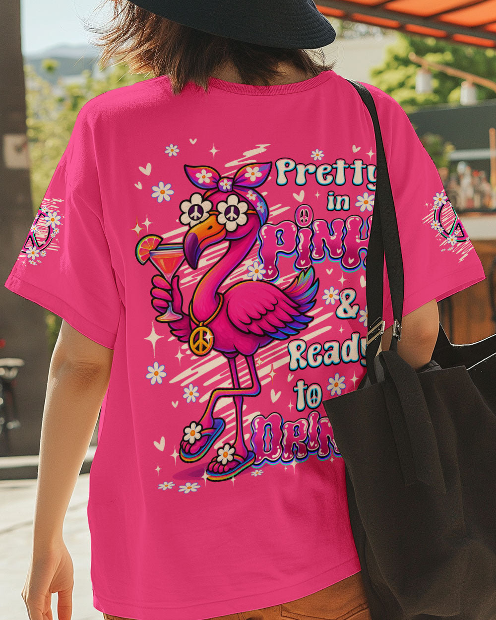 Pretty in Pink _26 Ready to Drink Cute Flamingo Peace Sign with Cocktail Hippie Vibe AOP Shirts _13_ CfQ2a