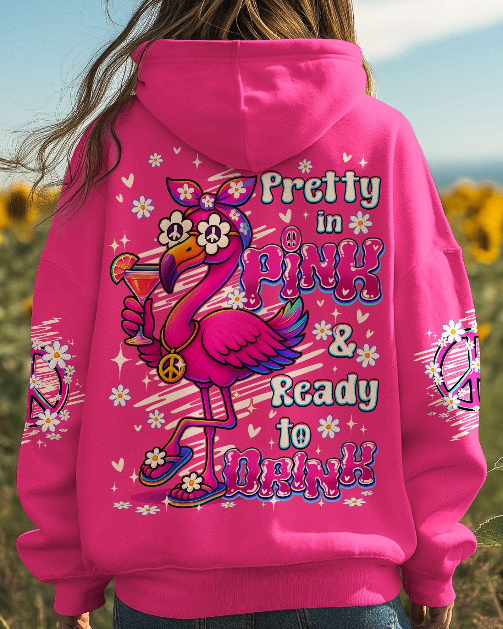 Pretty in Pink _26 Ready to Drink Cute Flamingo Peace Sign with Cocktail Hippie Vibe AOP Shirts _1_ dXzMa